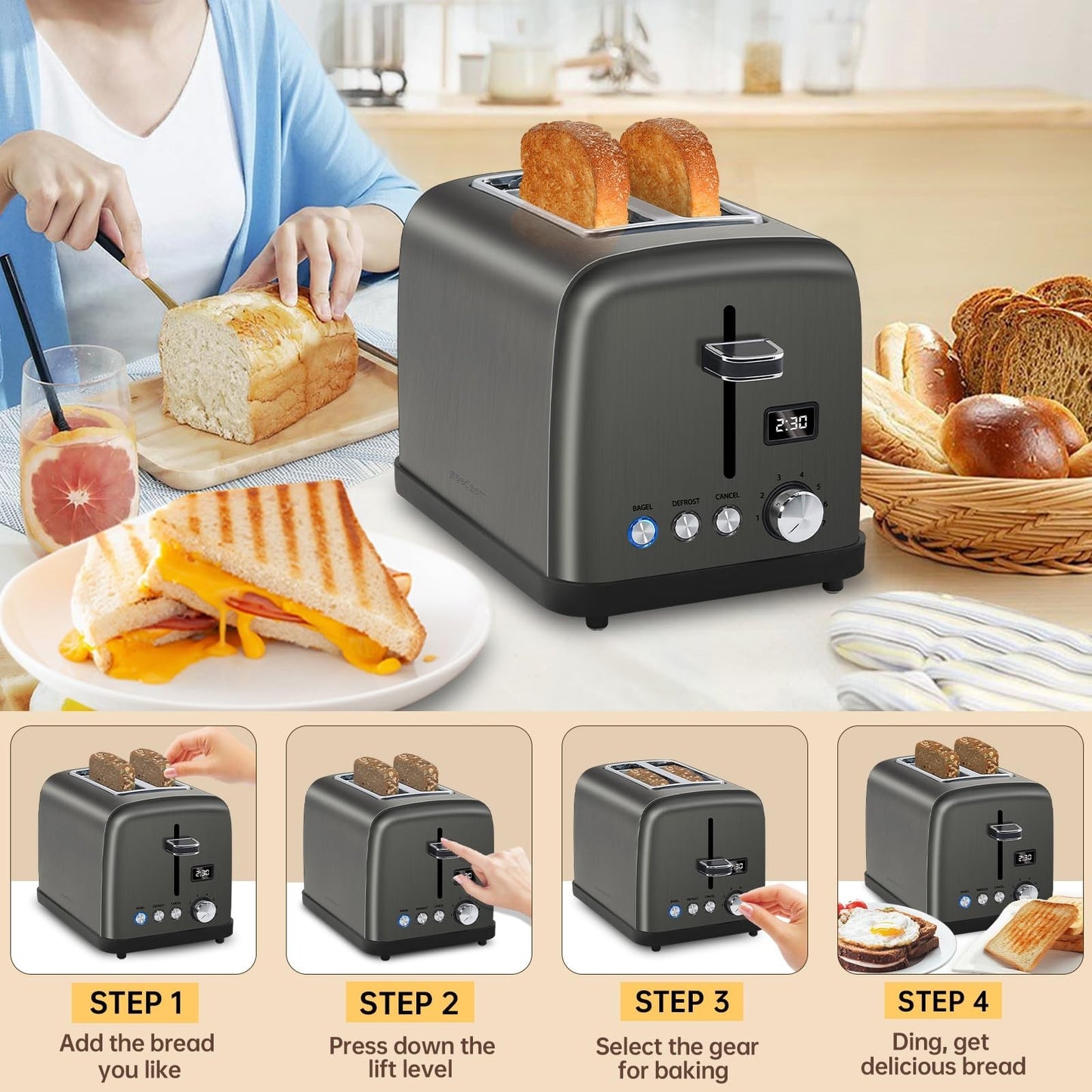 2 Slice Digital Toaster with LCD Display, 7 Shade Settings, 1.4'' Slots, Stainle5