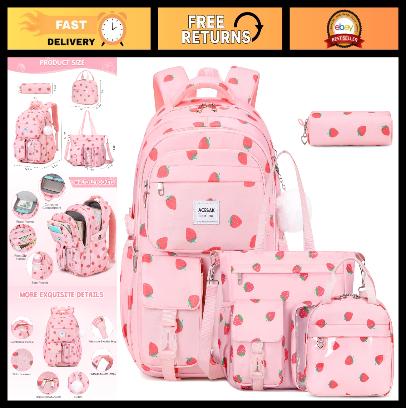 Stylish Girls Backpack Set with Tote, Crossbody Bag, Lunch Bag & Pencil Pouch  0