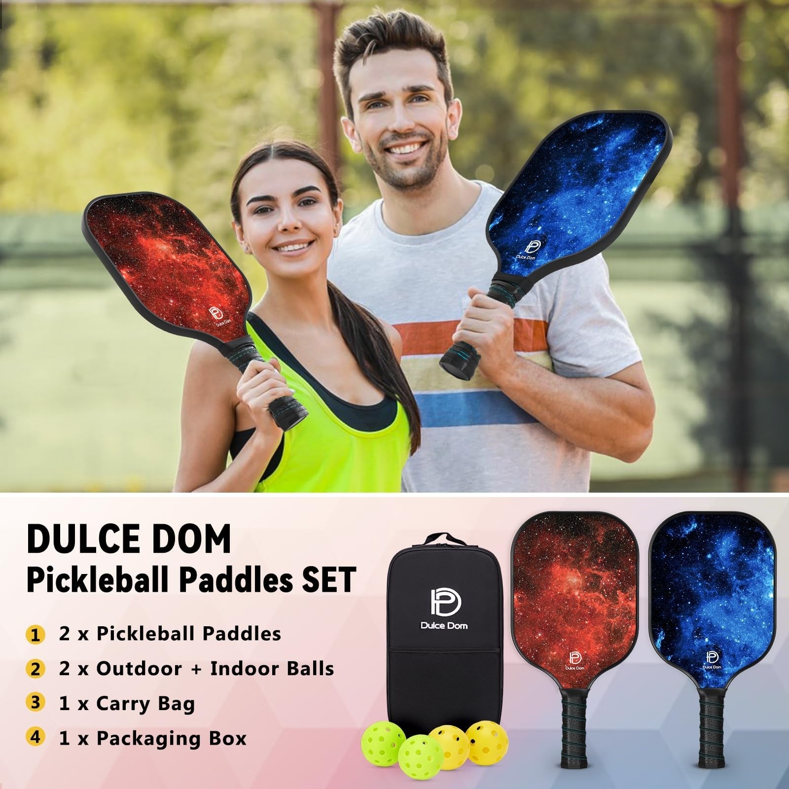 Pickleball Paddles Set of 2/4 - USAPA Approved Fiberglass Graphite Rackets + Bag5