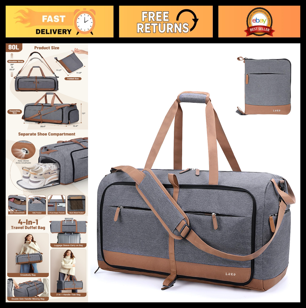 Large 80L Foldable Travel Duffel Bag for Women - Weekend, Hospital, Shoes Compar0