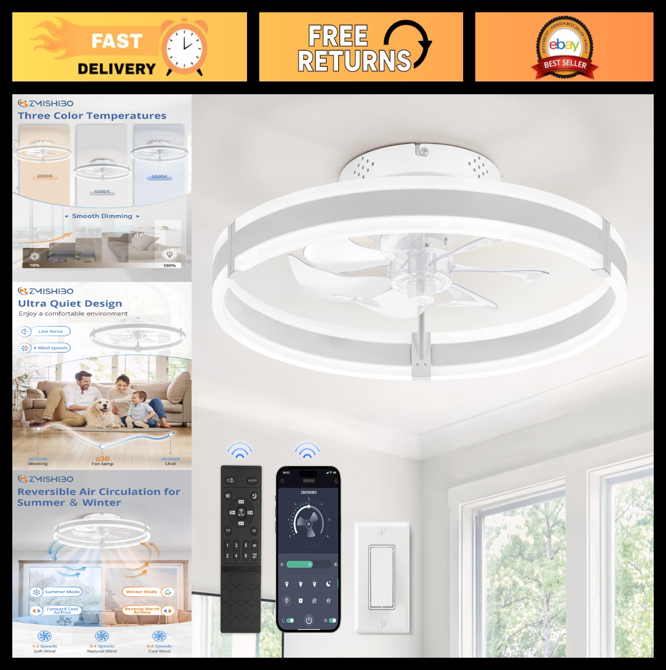 Low Profile 19.7" Ceiling Fan with Lights & Remote, Dimmable LED, Quiet DC Motor0