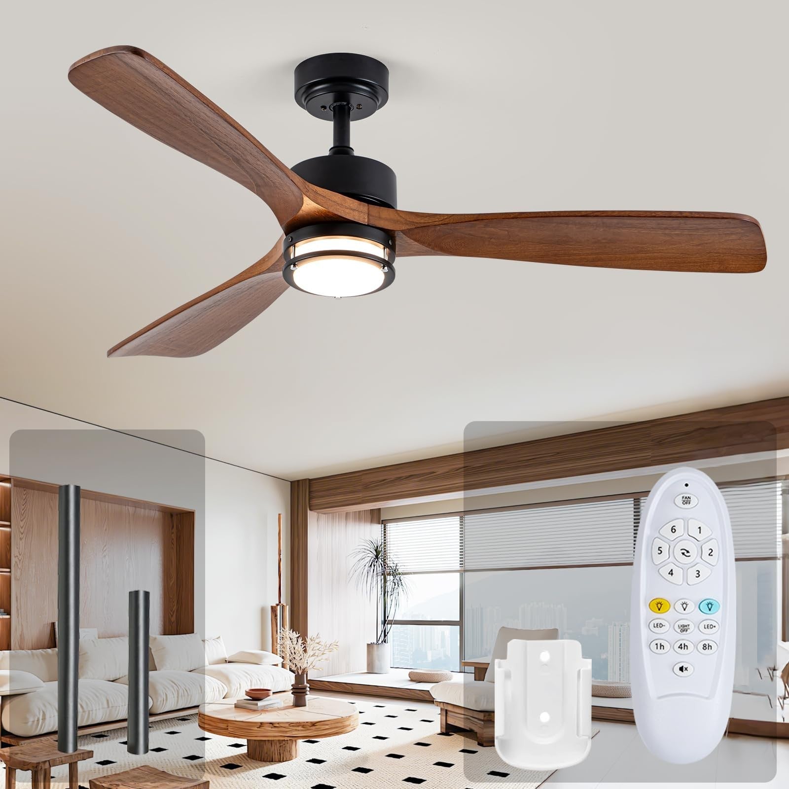 52” Outdoor Ceiling Fan with Light, Walnut Blades, Remote Control, Dimmable LED,1