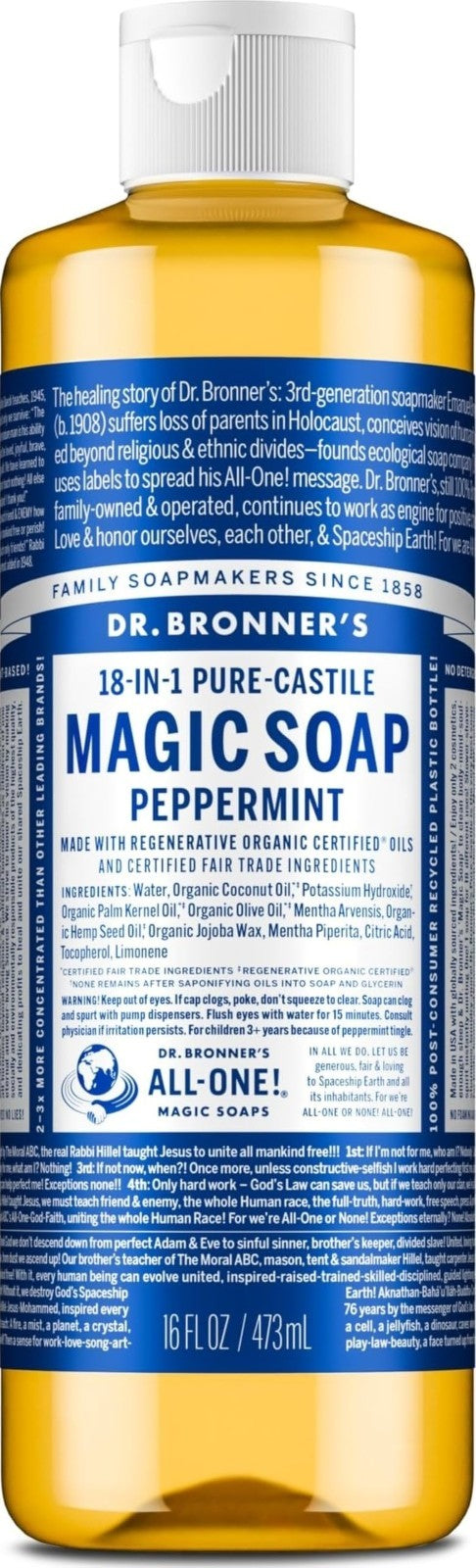 Peppermint Pure-Castile Liquid Soap 16 oz - 18-in-1 Uses: Body Wash, Shampoo, Ha1