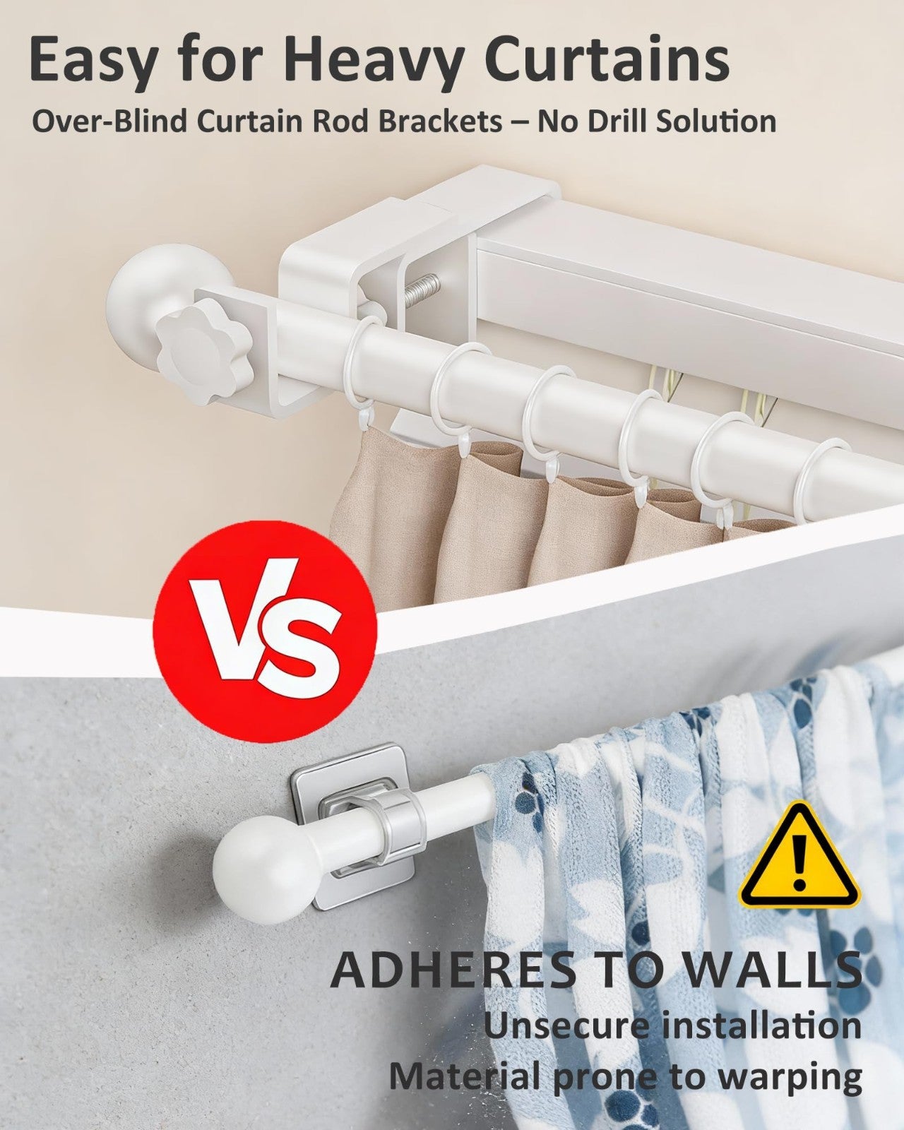 No Drill Curtain Rod Brackets for Outside-Mount Blinds, Tool-Free, Renter Friend3