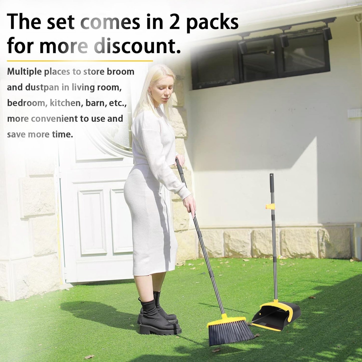 2-Pack Broom and Dustpan Set, 52" Long Handle, Self-Cleaning Teeth, Indoor/Outdo6
