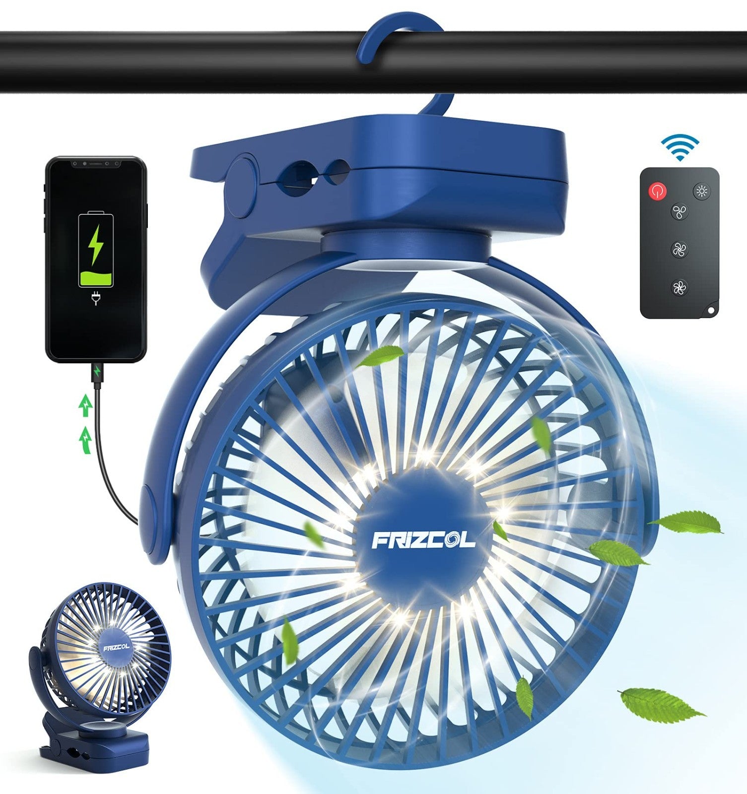 Portable Clip On Fan with 12000mAh Battery, LED Lights, Rechargeable, Ideal for1
