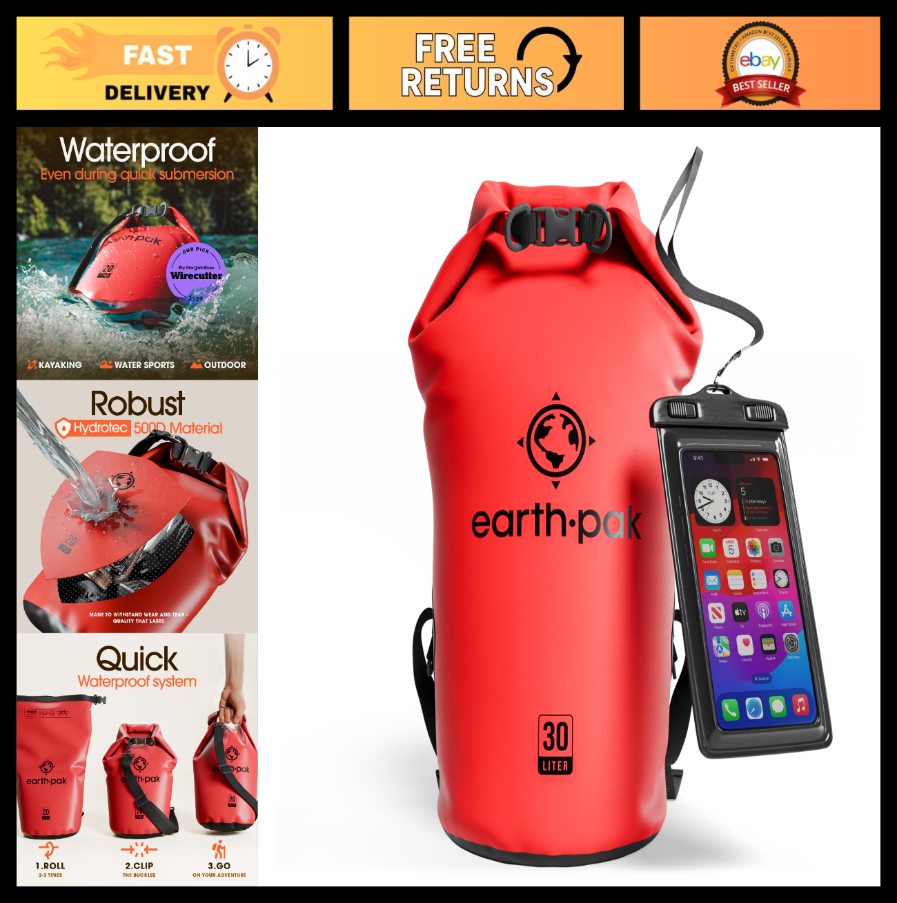 Waterproof Dry Bag Backpack   Roll Top Sack for Kayaking & Outdoor Gear + Phone0