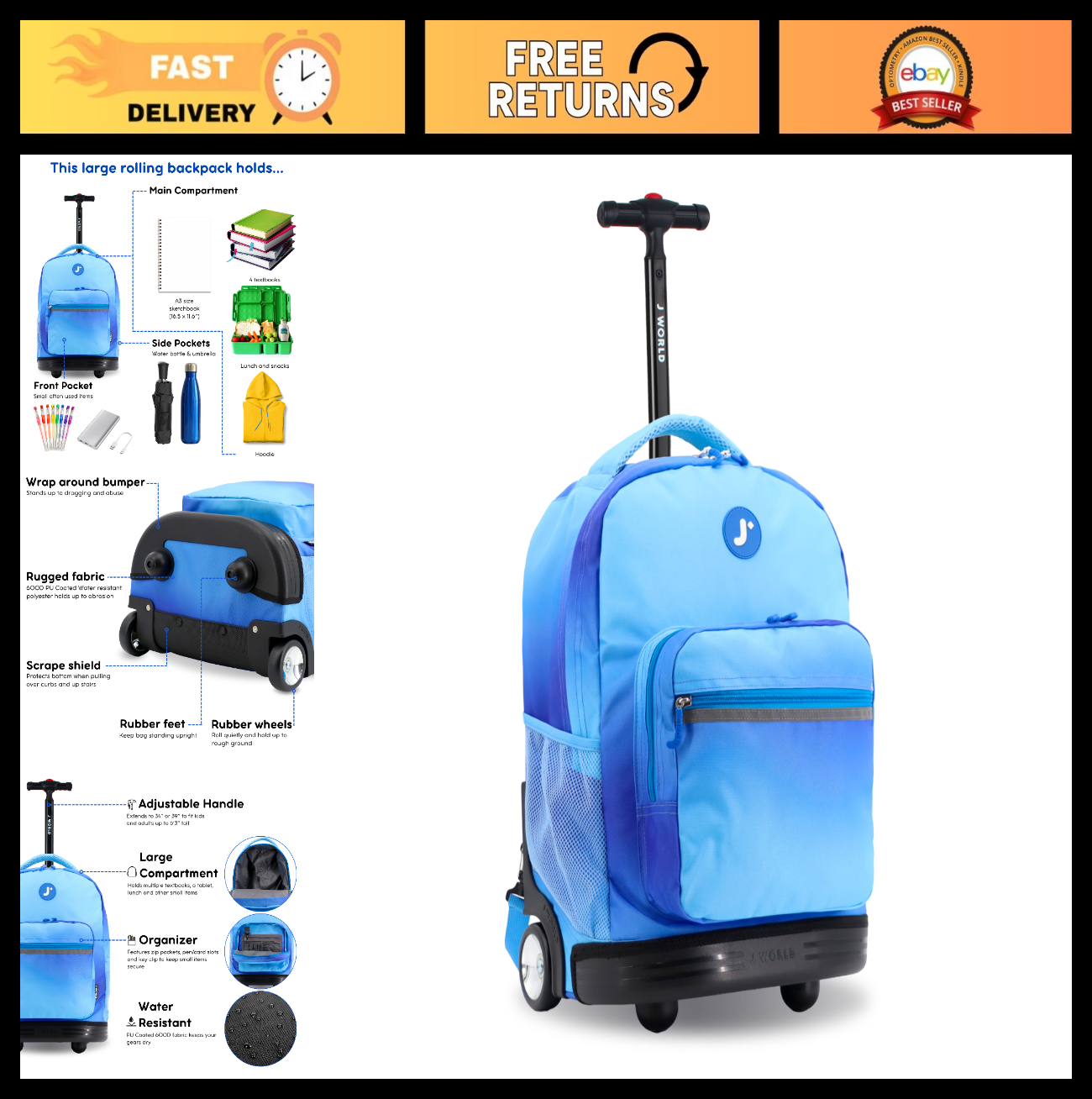Kids Rolling Backpack with Wheels, 18" Blue Gradient Roller Bookbag for School0