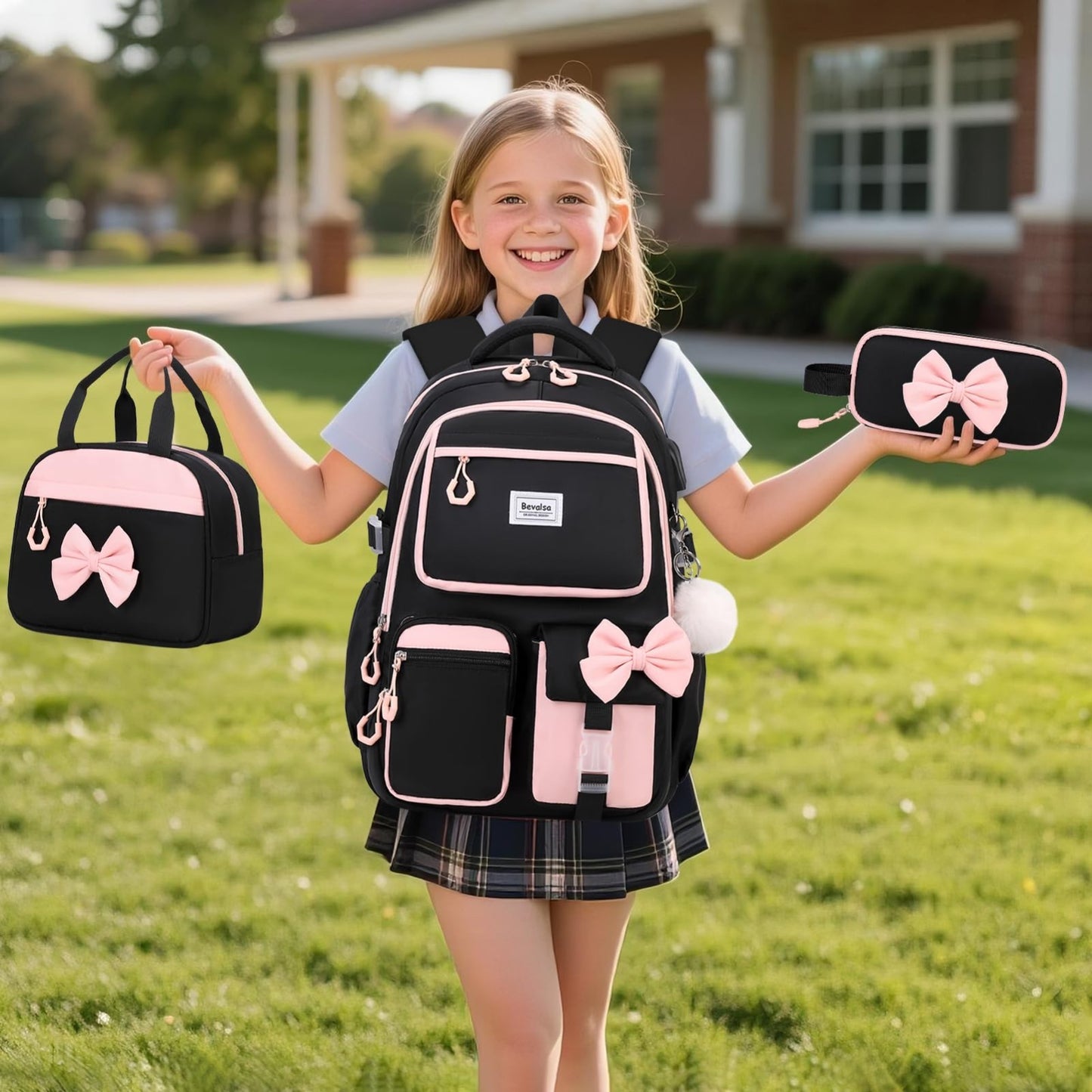 Cute Bow Backpack for Girls   School Bag Set with Lunch Bag & Pen Case7