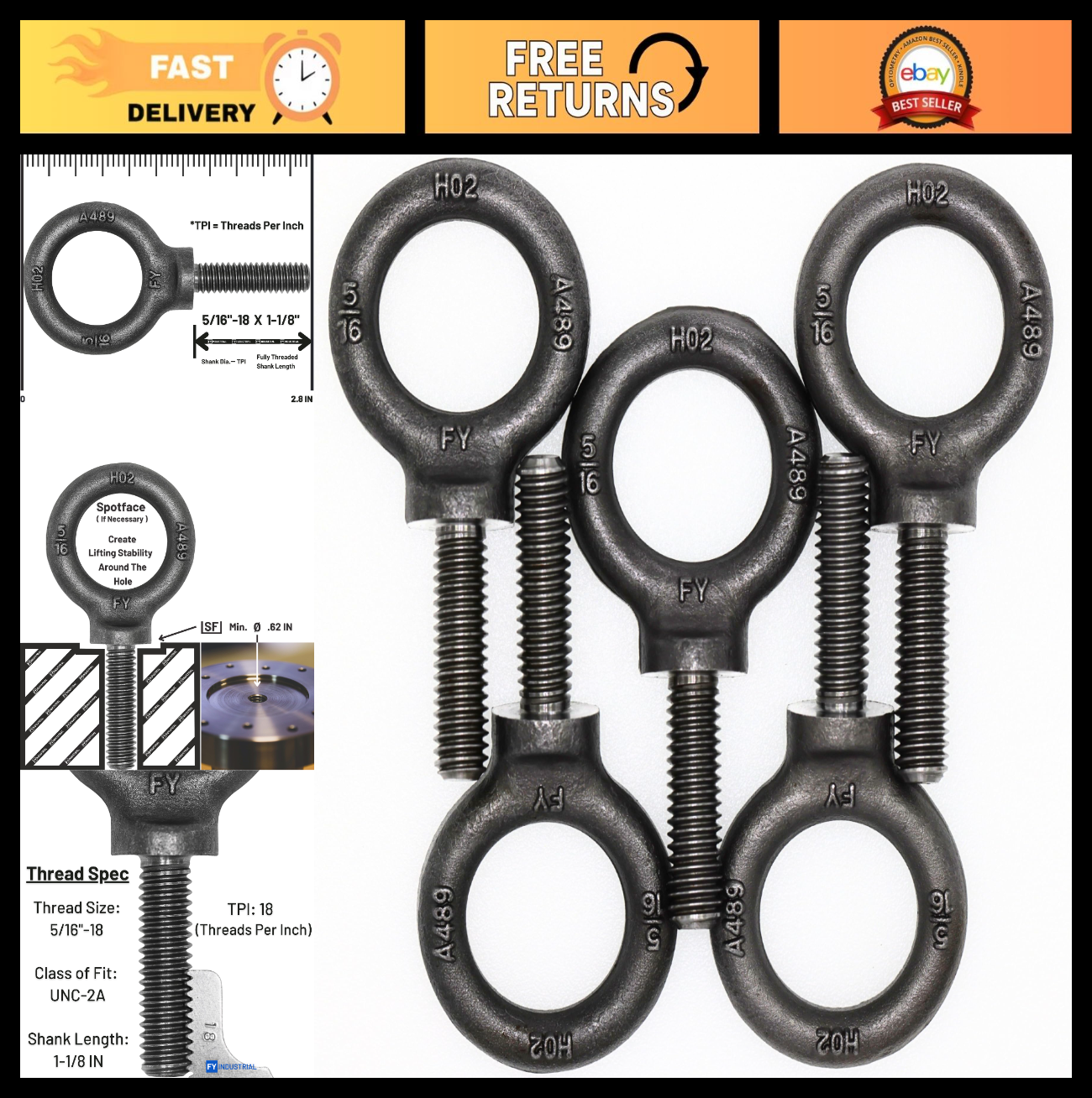 5 Pcs Heavy-Duty Lifting Shoulder Eye Bolts 5/16"-18 X 1-1/8" for Rigging & Hois0