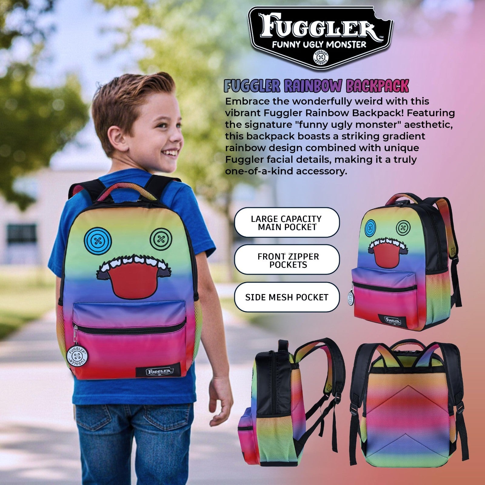 Fuggler Big Face Oogah Boogah Backpack, Rainbow Gradient, 16" Kids Bag, 3 Pocket5