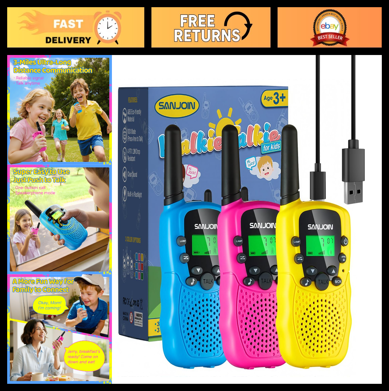 Rechargeable Walkie Talkies for Kids, 2000mAh, 2 Way Radios for Outdoor Fun, Age0
