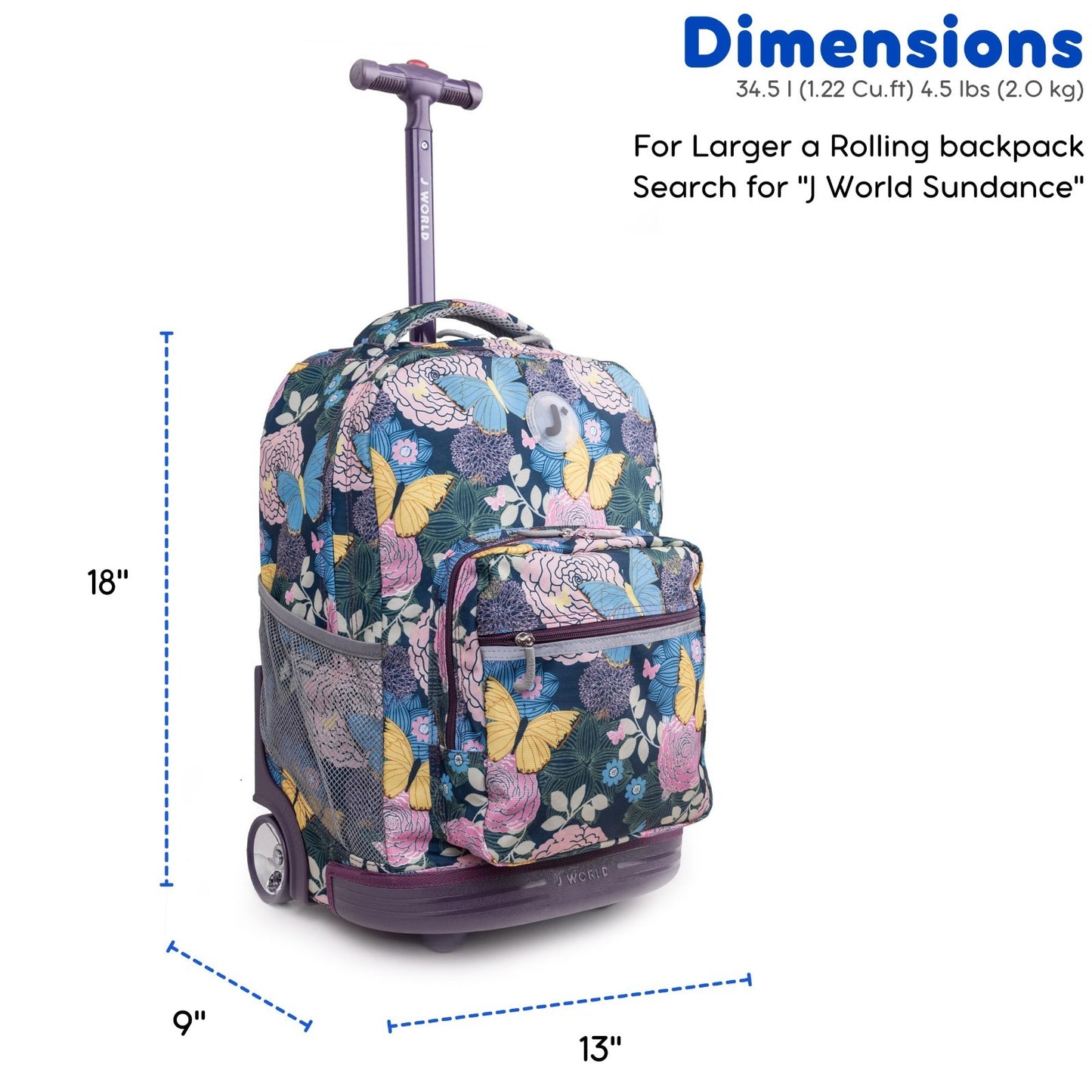 Kids Rolling Backpack with Wheels, 18" School Bookbag for Girls & Boys, Floral D2