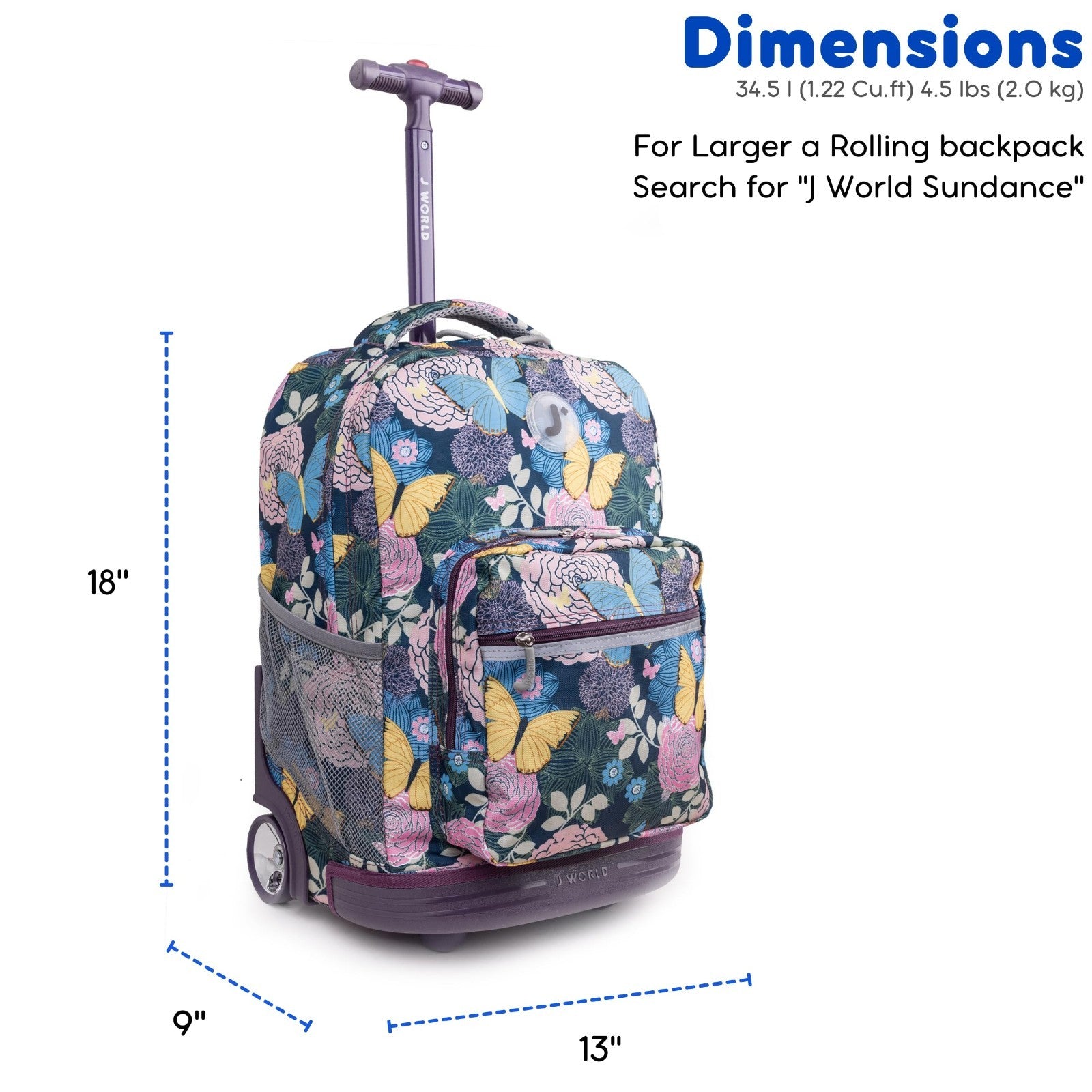 Kids Rolling Backpack with Wheels, 18" School Bookbag for Girls & Boys, Floral D2