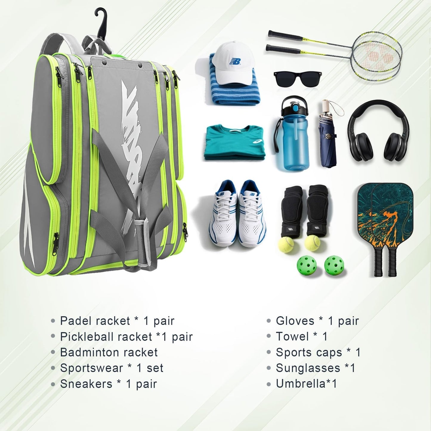 Large Pickleball Paddle Bag for 4 Paddles, Accessories, Shoe Compartment & Hook8