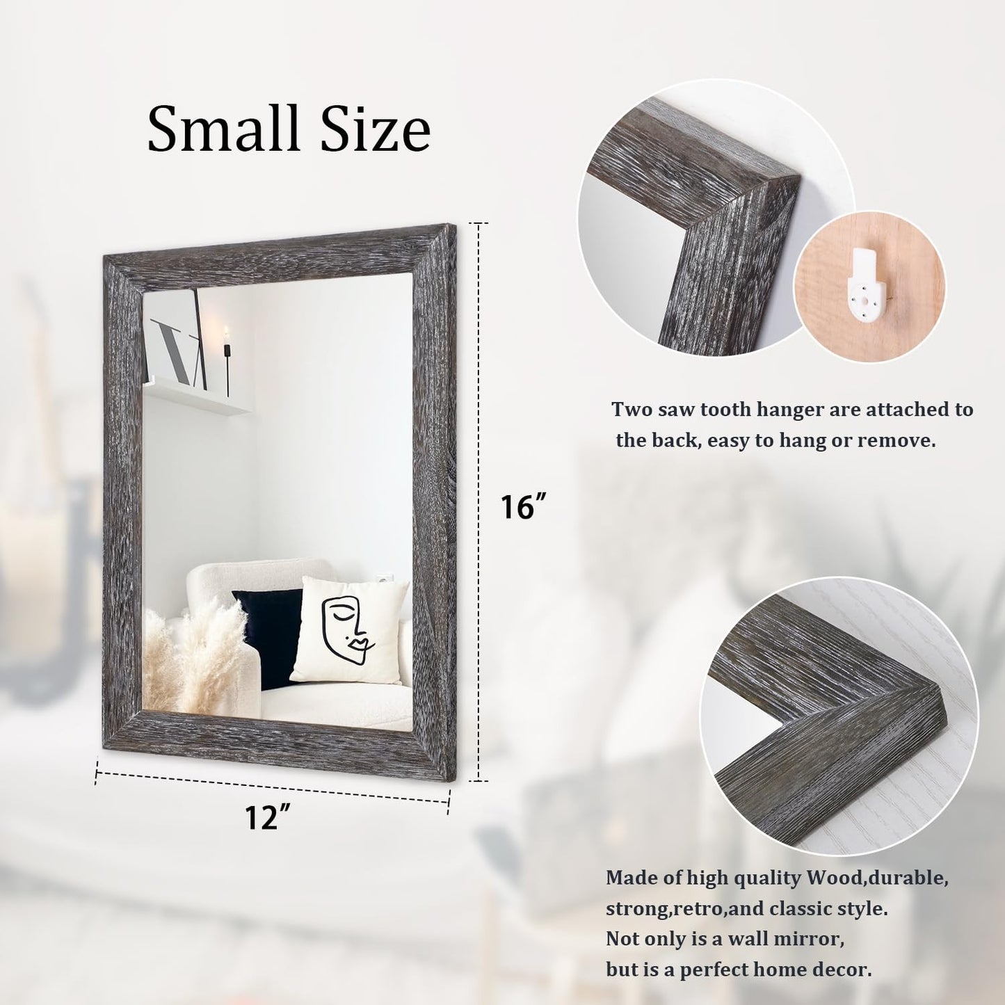 Rustic Rectangle Wall Mirror with Wood Frame - Decorative Hanging Mirror for Hom2