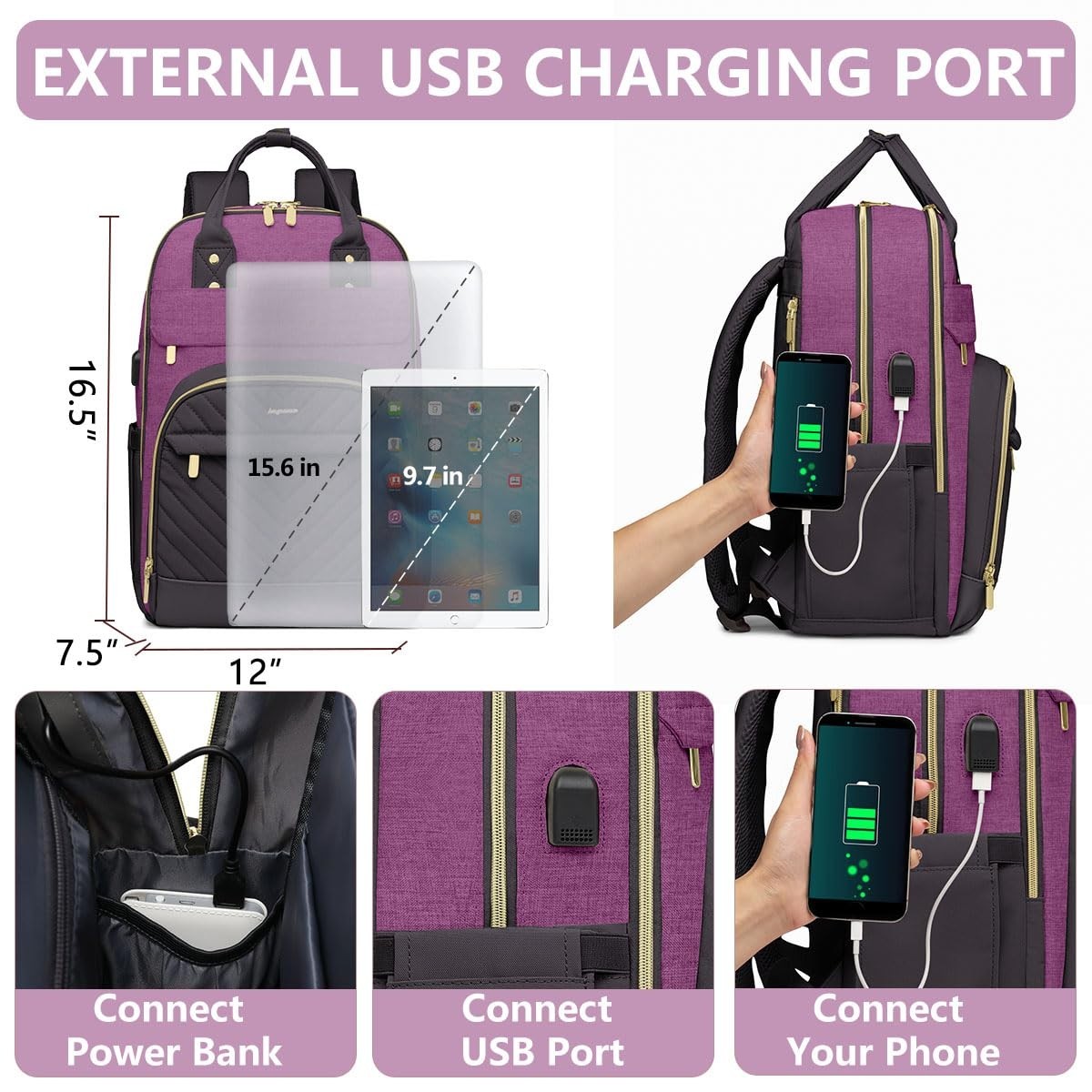 Stylish 15.6" Laptop Backpack for Women   Waterproof Travel Bag with USB Charger2