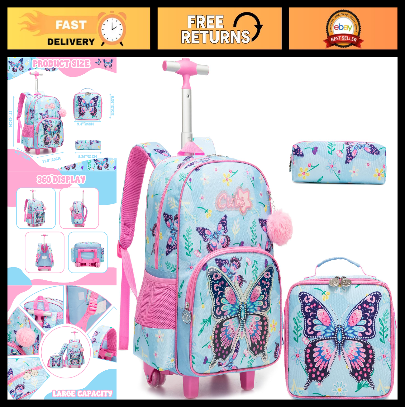 Cute Butterfly Kids Rolling Backpack with Wheels, School Roller Bag & Lunch Case0