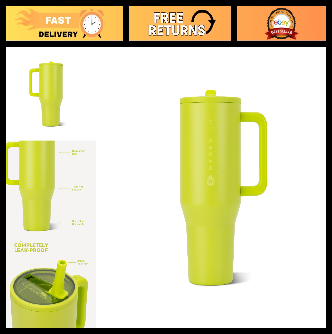 40oz Insulated Tumbler with Handle & Straw   HydroJug Style, Lemon Lime Color0