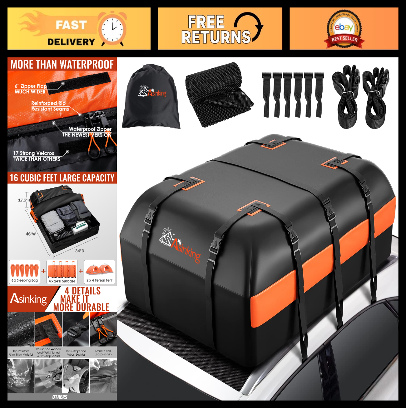 Waterproof Rooftop Cargo Carrier Bag 16 Cu Ft - Large Capacity Luggage Storage f0