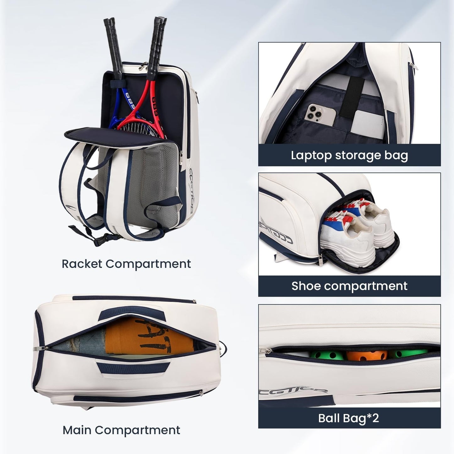 Multi-Compartment Tennis & Pickleball Backpack with Shoe Holder, Laptop Sleeve2
