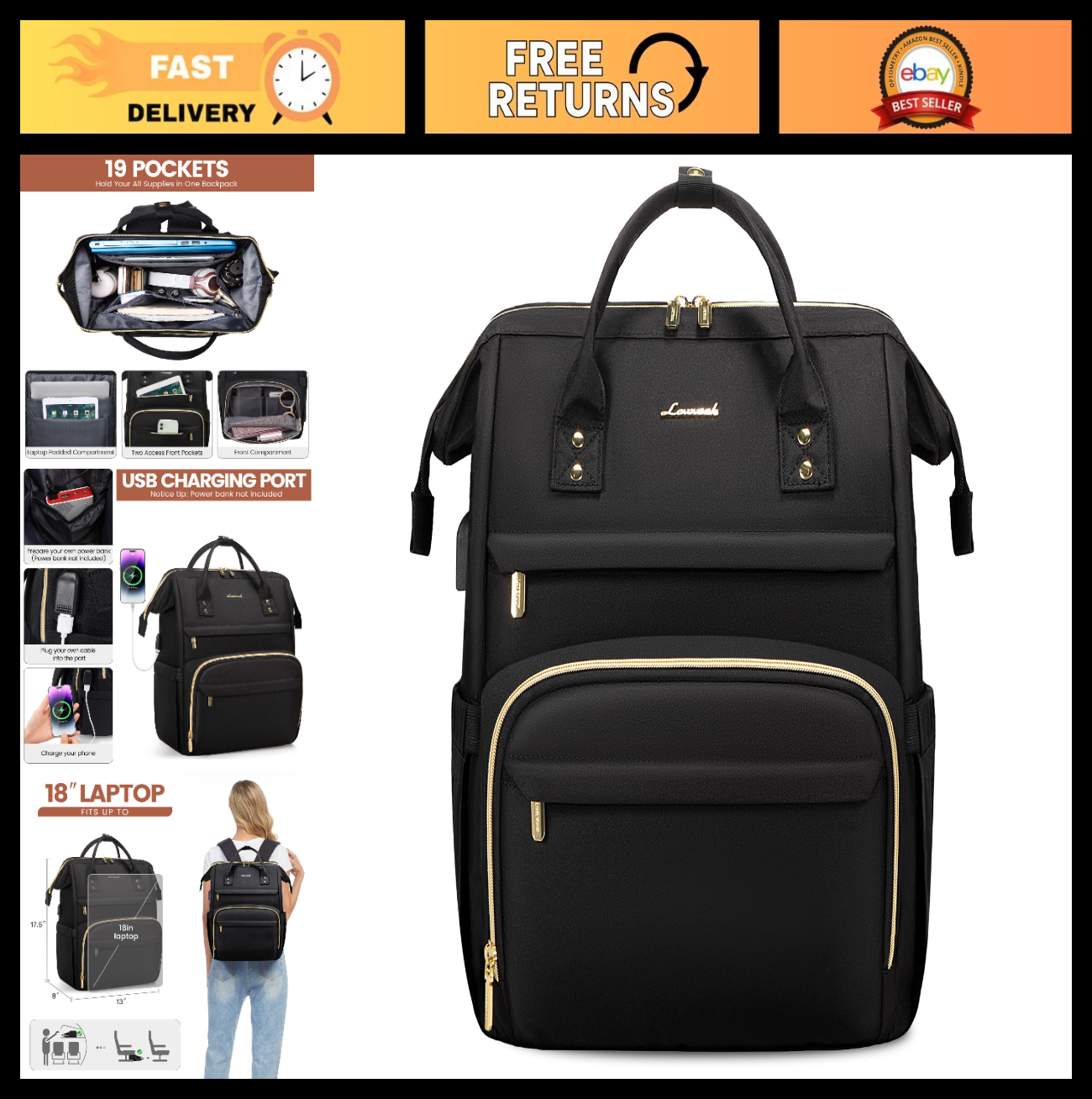 Stylish 18" Women's Laptop Backpack   Waterproof Travel Bag with USB Port, Ideal0