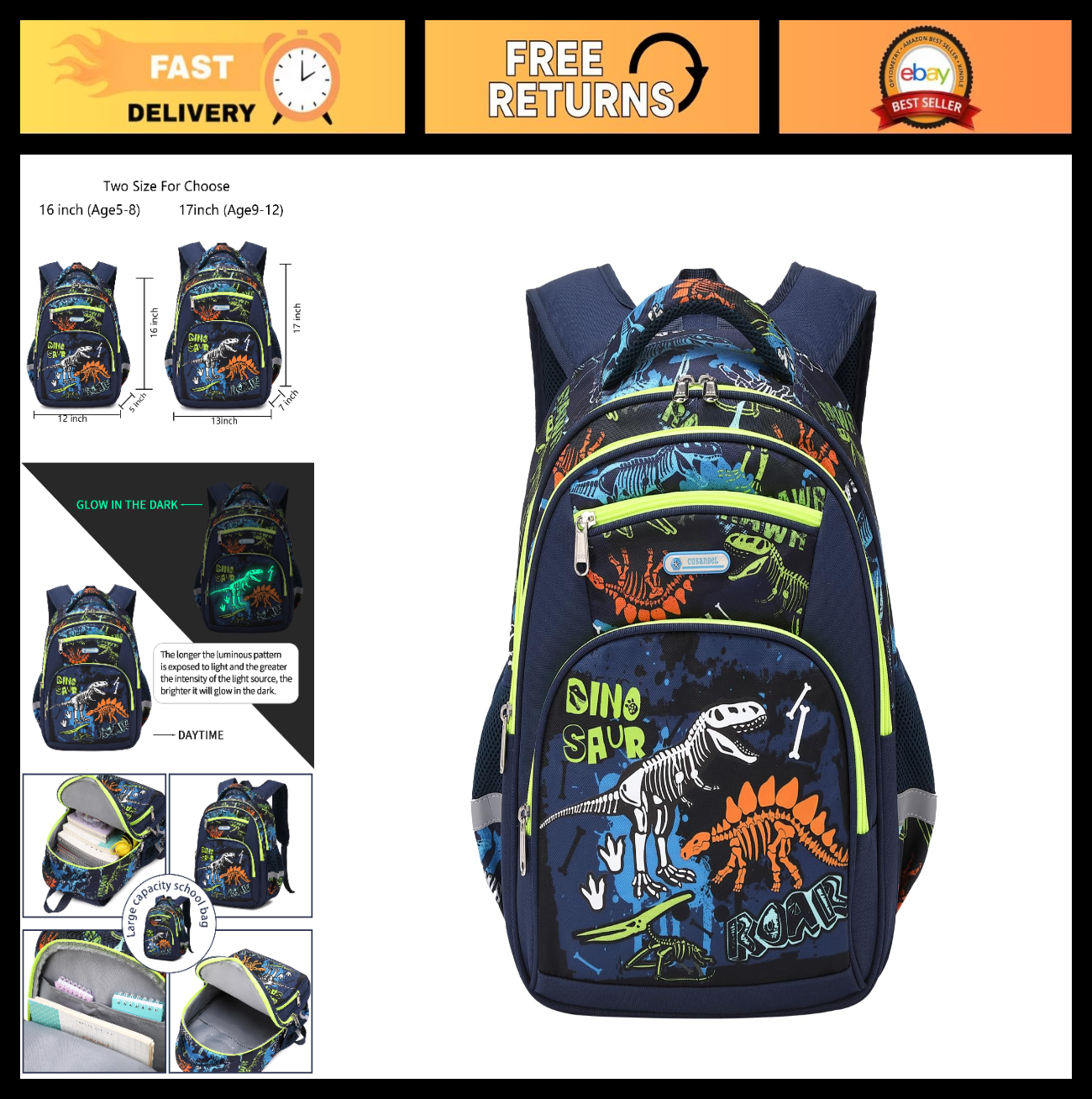 Large Kids Backpack for Boys 8 12, 17in School Bag, Durable Nylon, Dino Design0