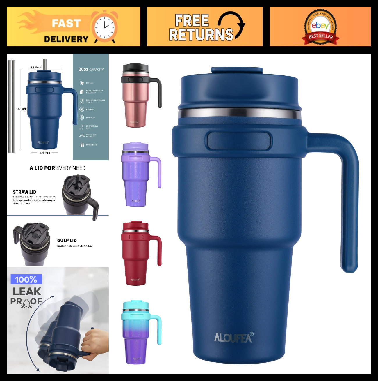 Insulated 20 oz Coffee Mug with Handle, Stainless Steel Travel Tumbler, Leak Pro0