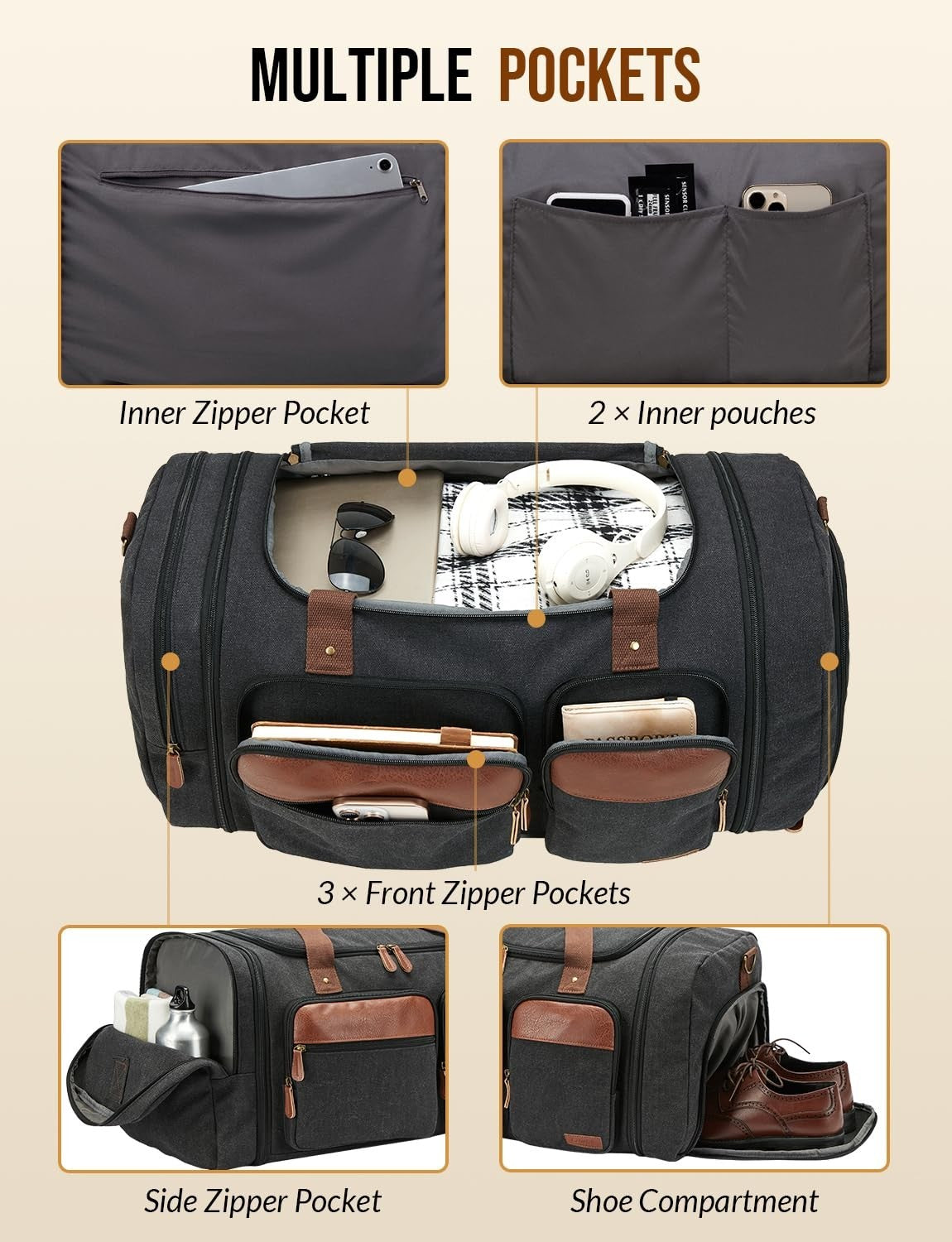 Expandable 50L Canvas Duffle Bag for Travel   Dark Grey, Lightweight & Durable3