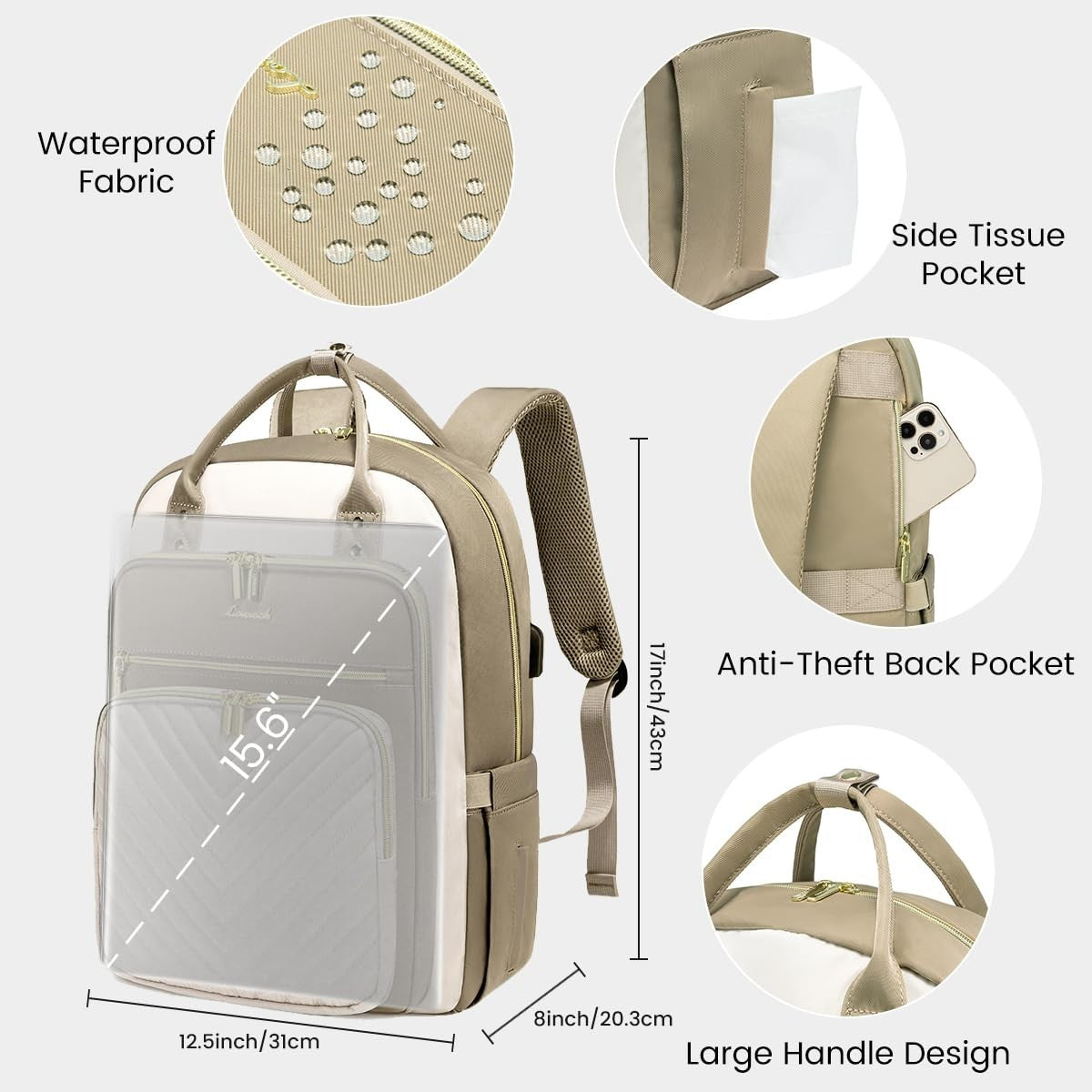 Large Capacity 15.6" Laptop Backpack for Women, Waterproof Travel Day Pack, Khak2