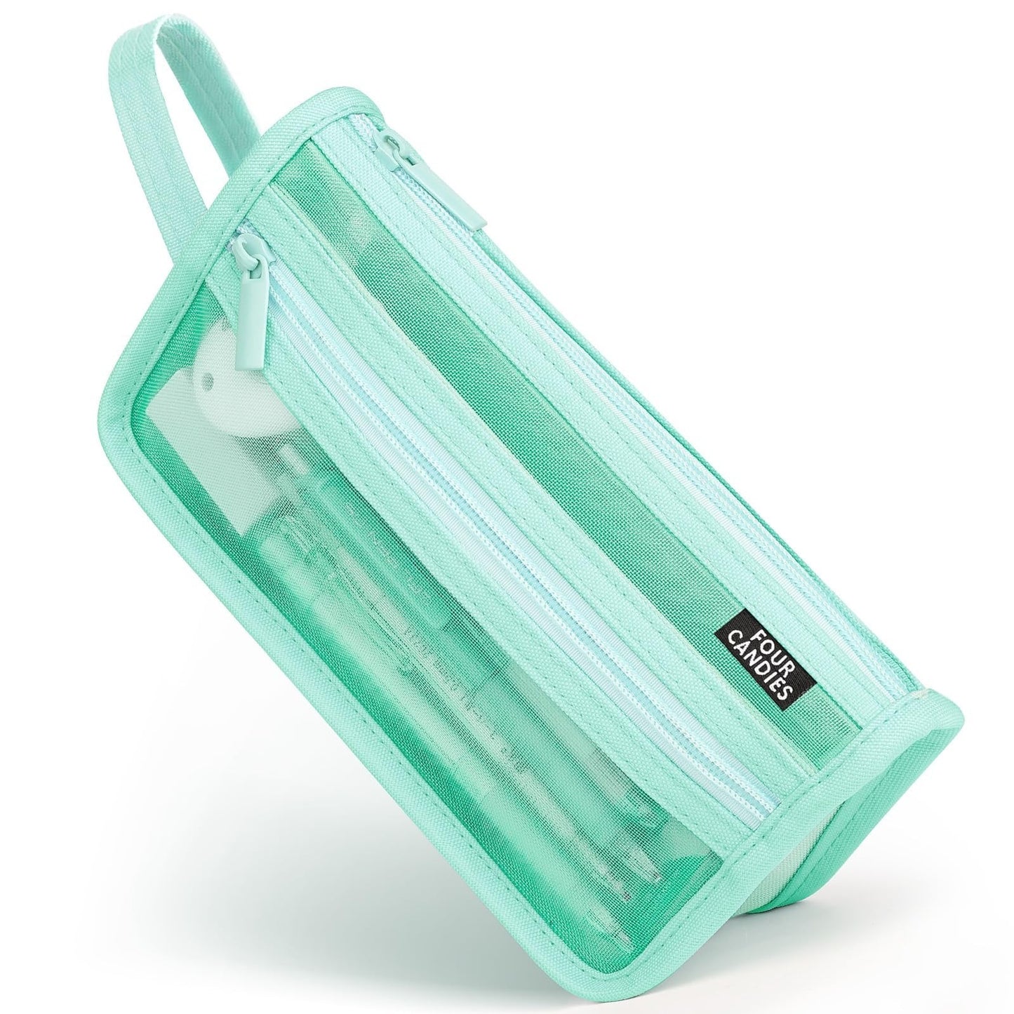 Clear Double Layer Mesh Pencil Case with Handle   Green Grid Design, School Supp1