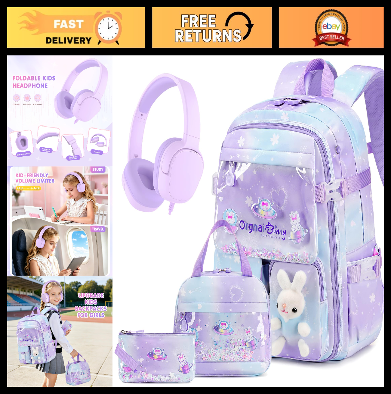 Kawaii Bunny Girls Backpack Set 4PCs   School Bag with Lunch Box & Headphones0