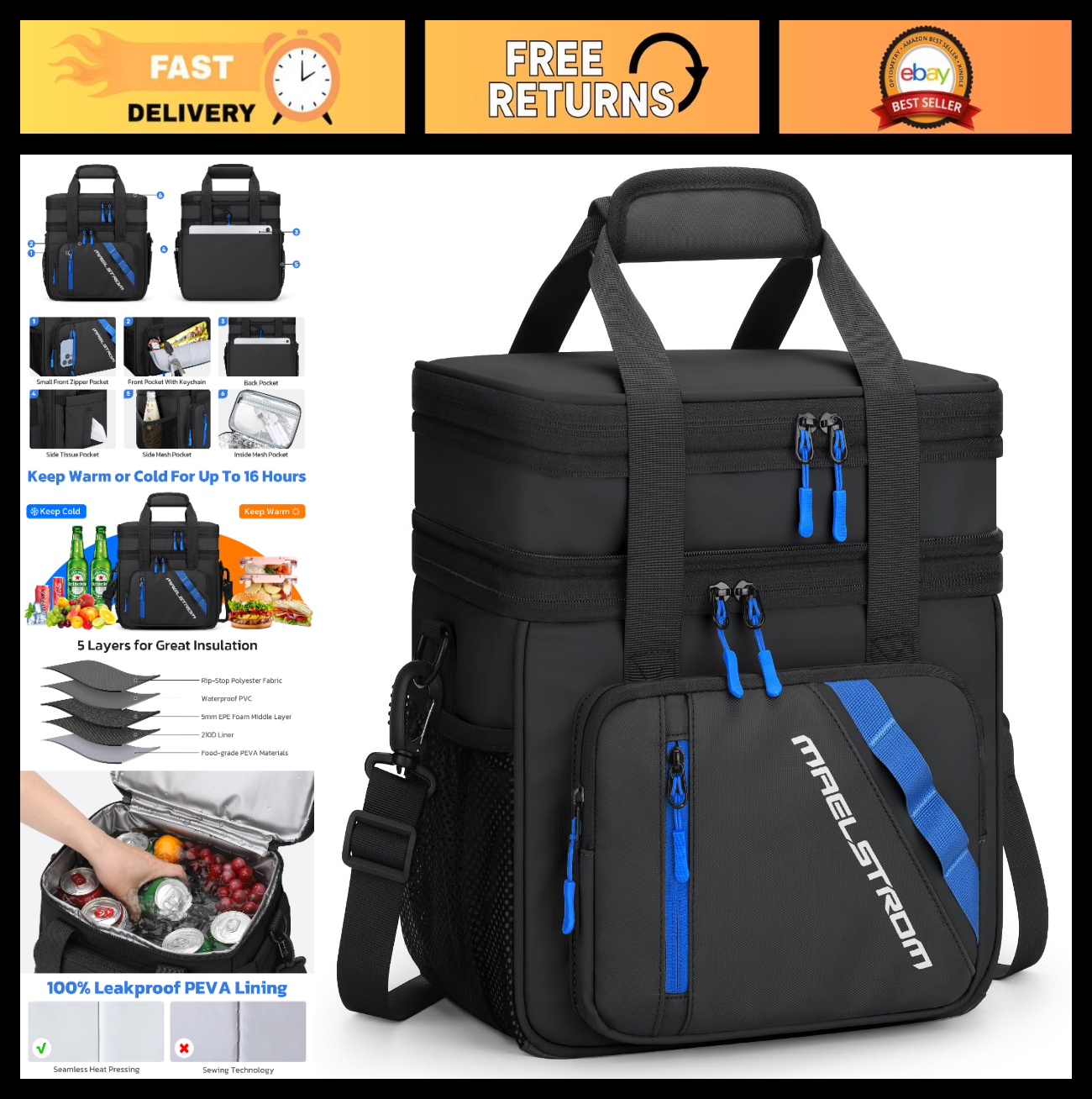 Insulated Cooler Bag 20L - Double Deck, Leakproof, Portable, Expandable - Ideal0