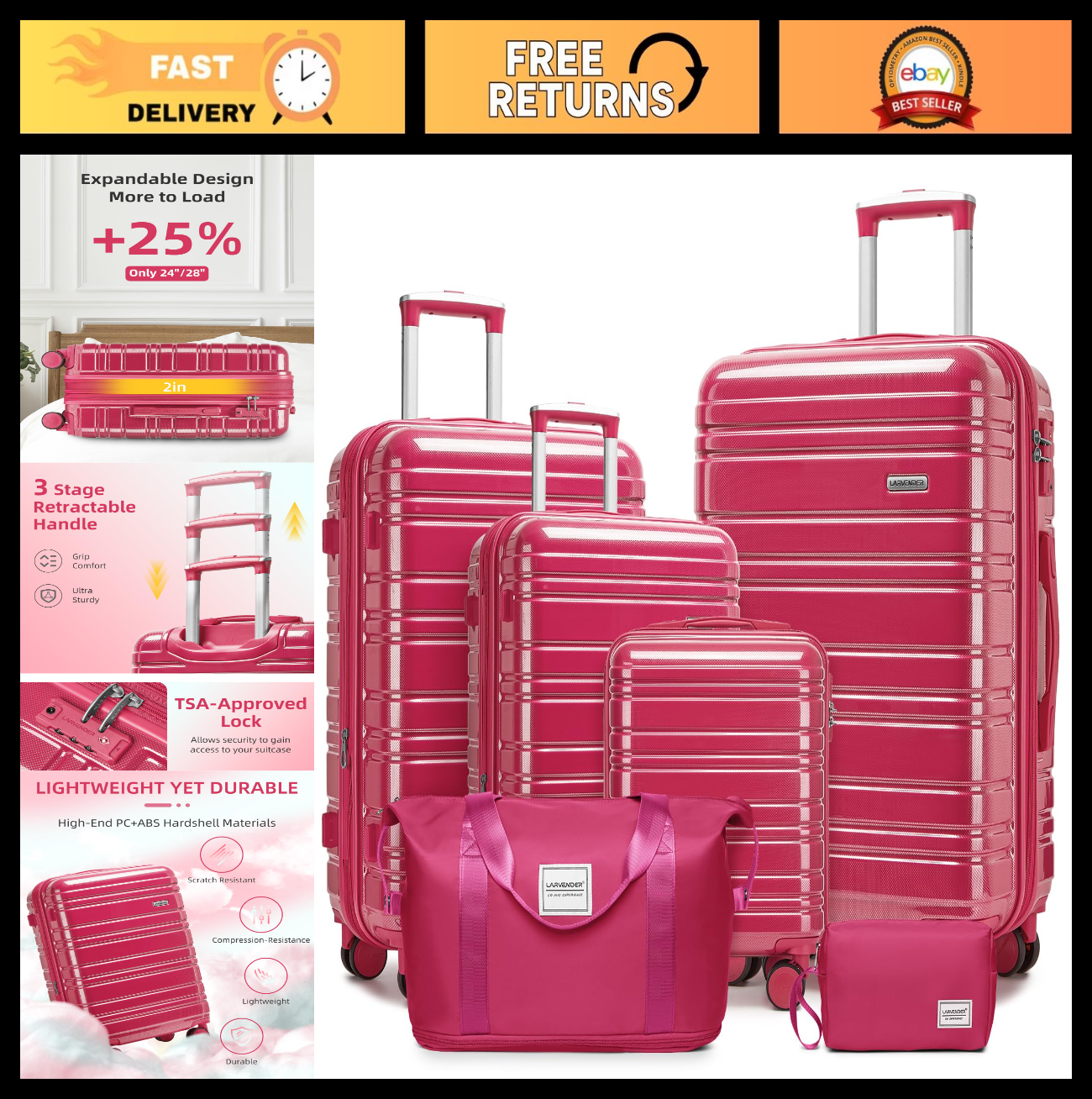 Expandable 6-Piece Luggage Set - Lightweight Hardshell Suitcases with TSA Lock,0
