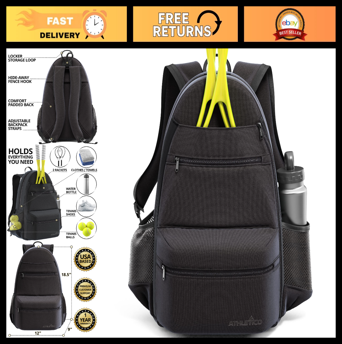 City Tennis Bag with Adjustable Straps, Water-Resistant, Holds 3 Rackets & Gear9