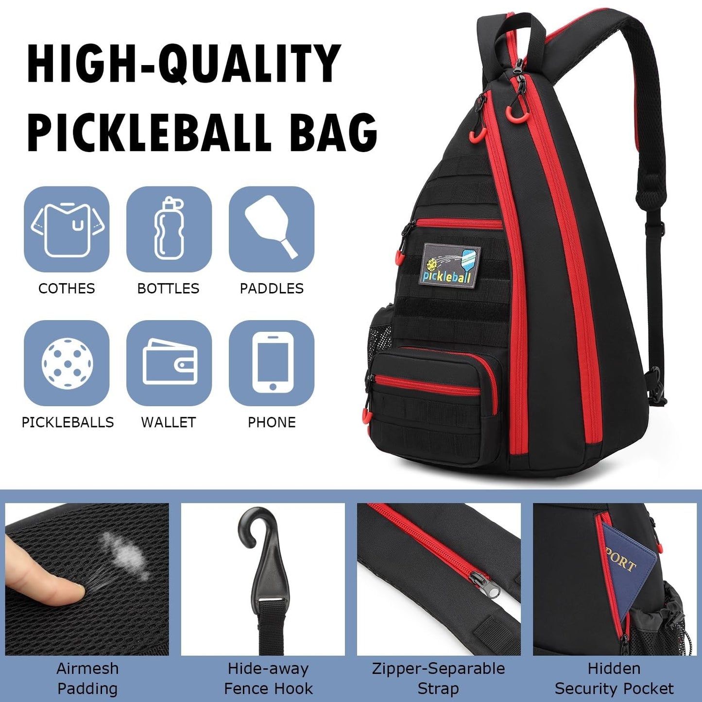 Tactical Pickleball Backpack with Adjustable Sling, Fence Hook & Water Bottle Ho4