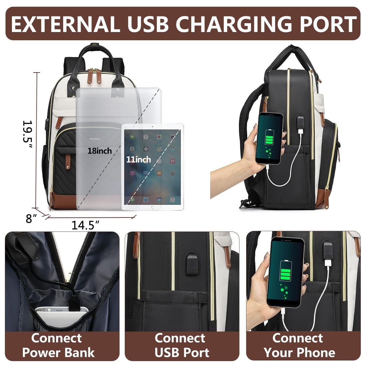 Stylish 18" Laptop Backpack for Women   USB Charger, Waterproof, Anti Theft, Cas3