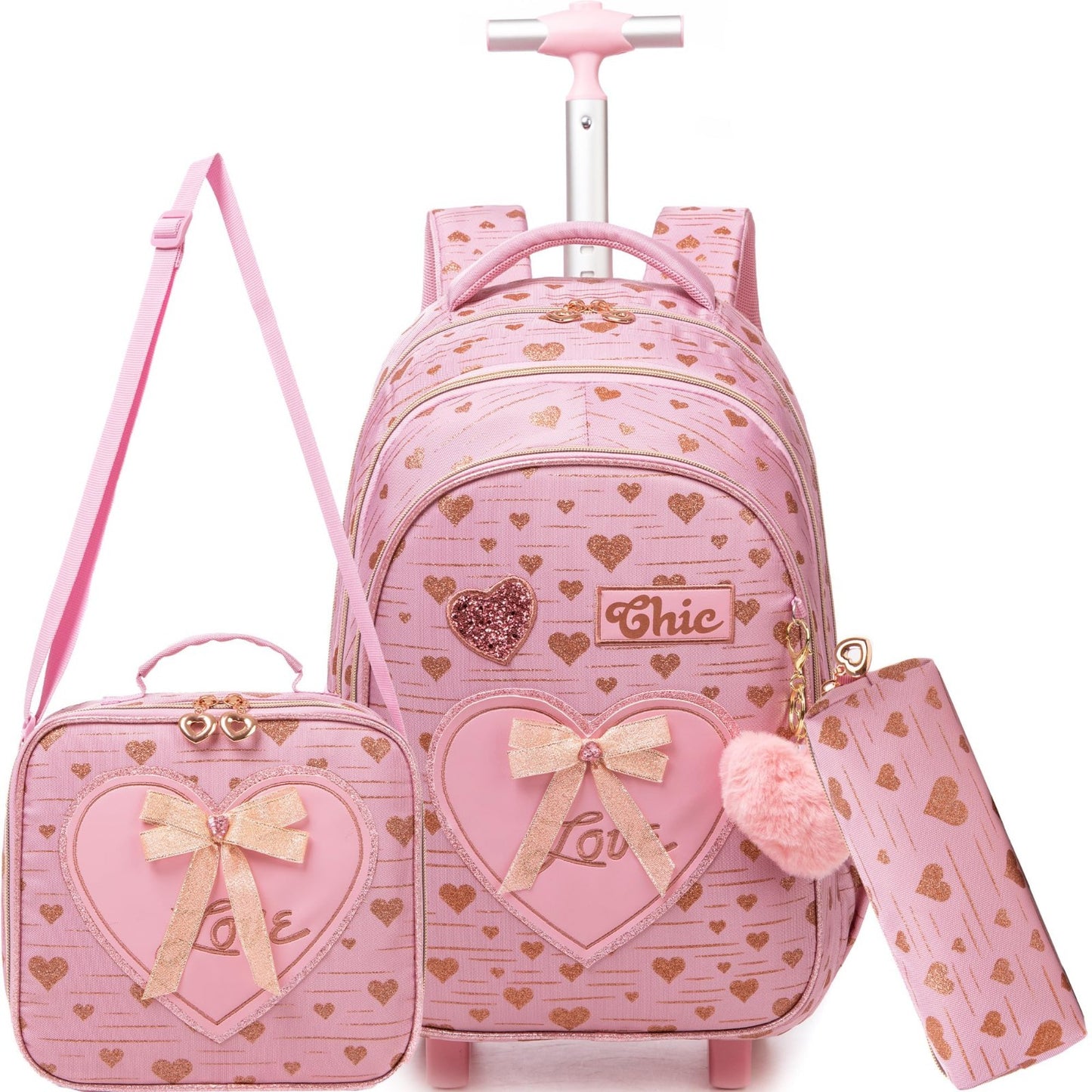Rolling Kids Backpack with Lunch Box   Girls Wheeled Travel Suitcase for Ages 6 1