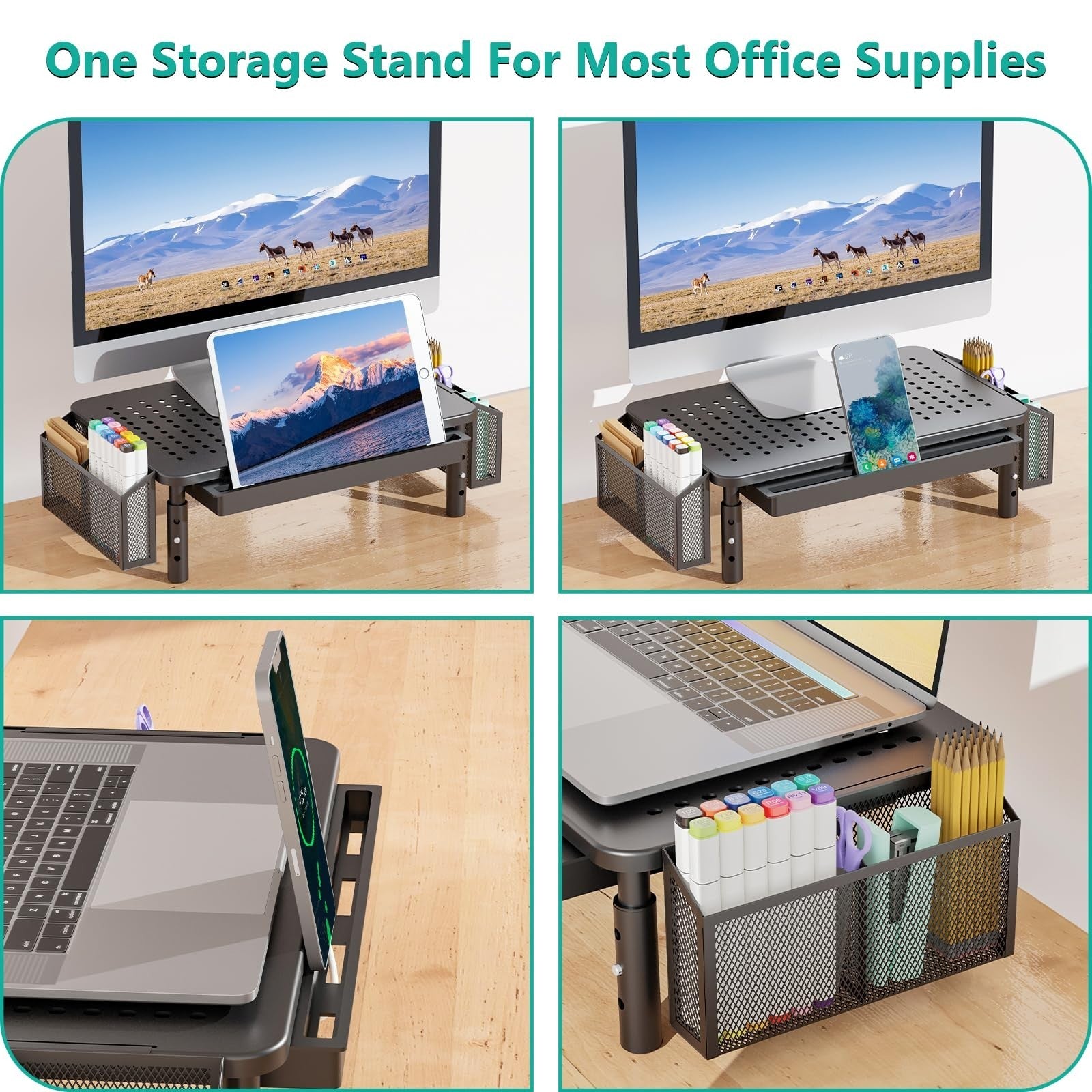 Adjustable Computer Monitor Stand with Storage, Desk Organizer & Drawer, Black4