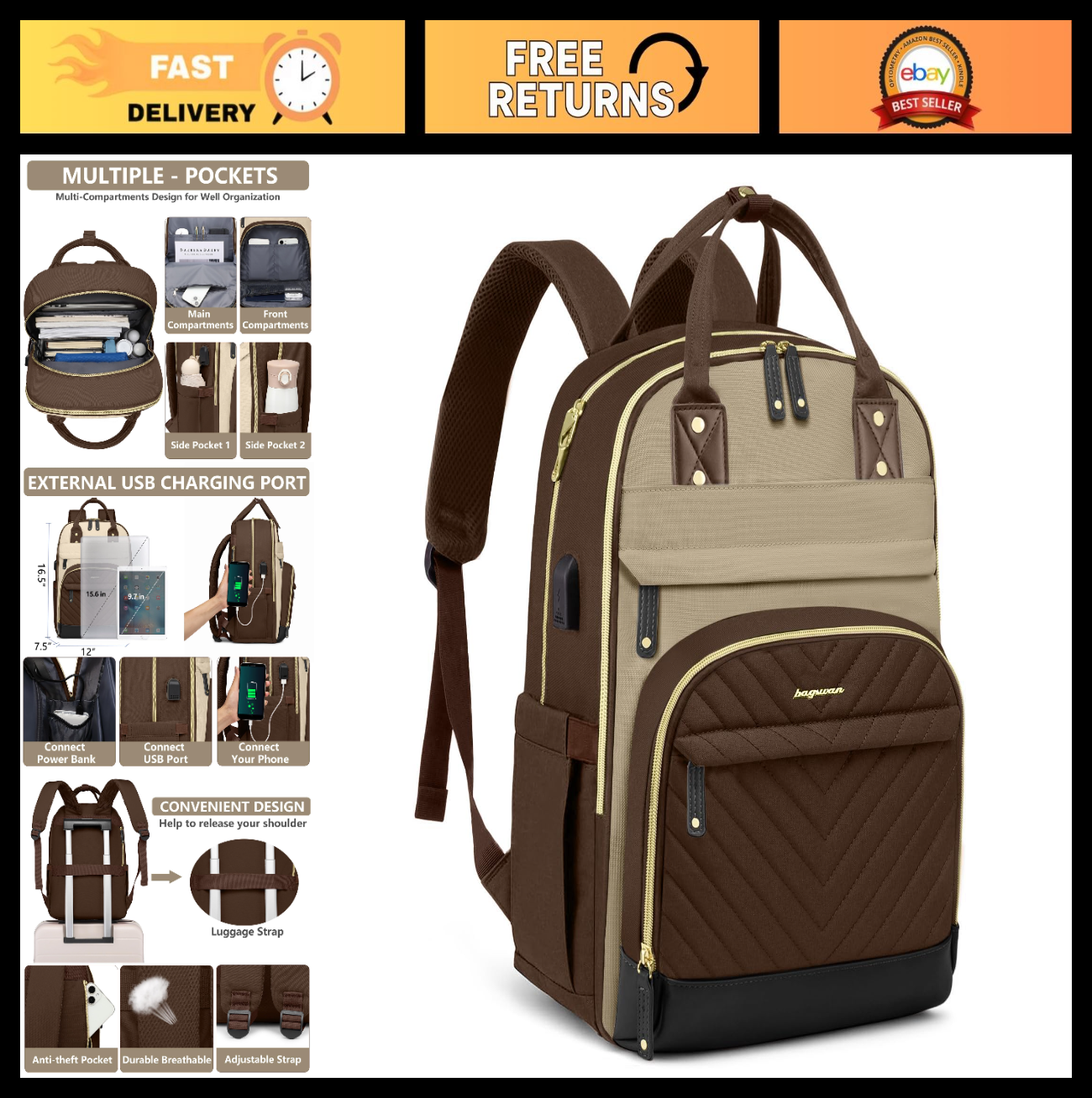 Stylish 15.6" Laptop Backpack for Women   Waterproof Travel Bag with USB Charger0