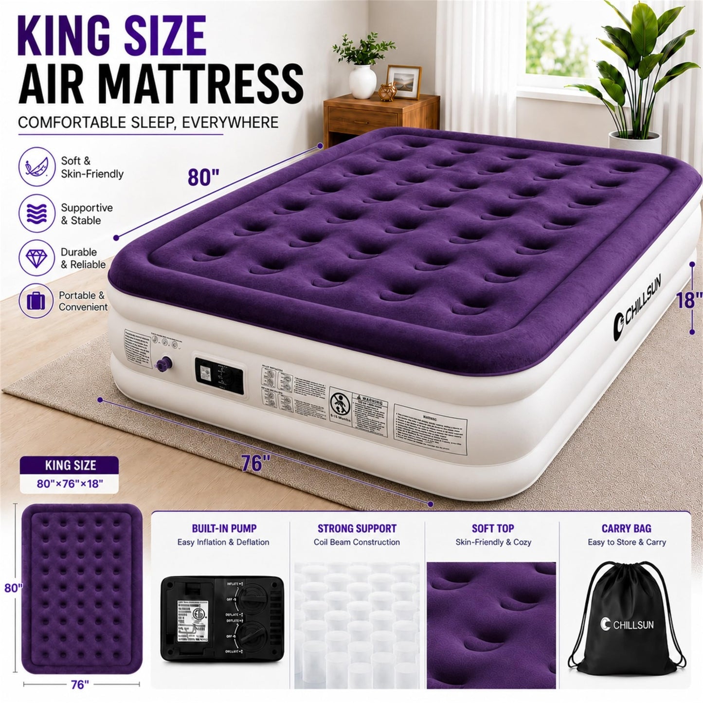 18" Raised King Air Mattress with Built in Pump   Quick Setup, Comfort & Support2