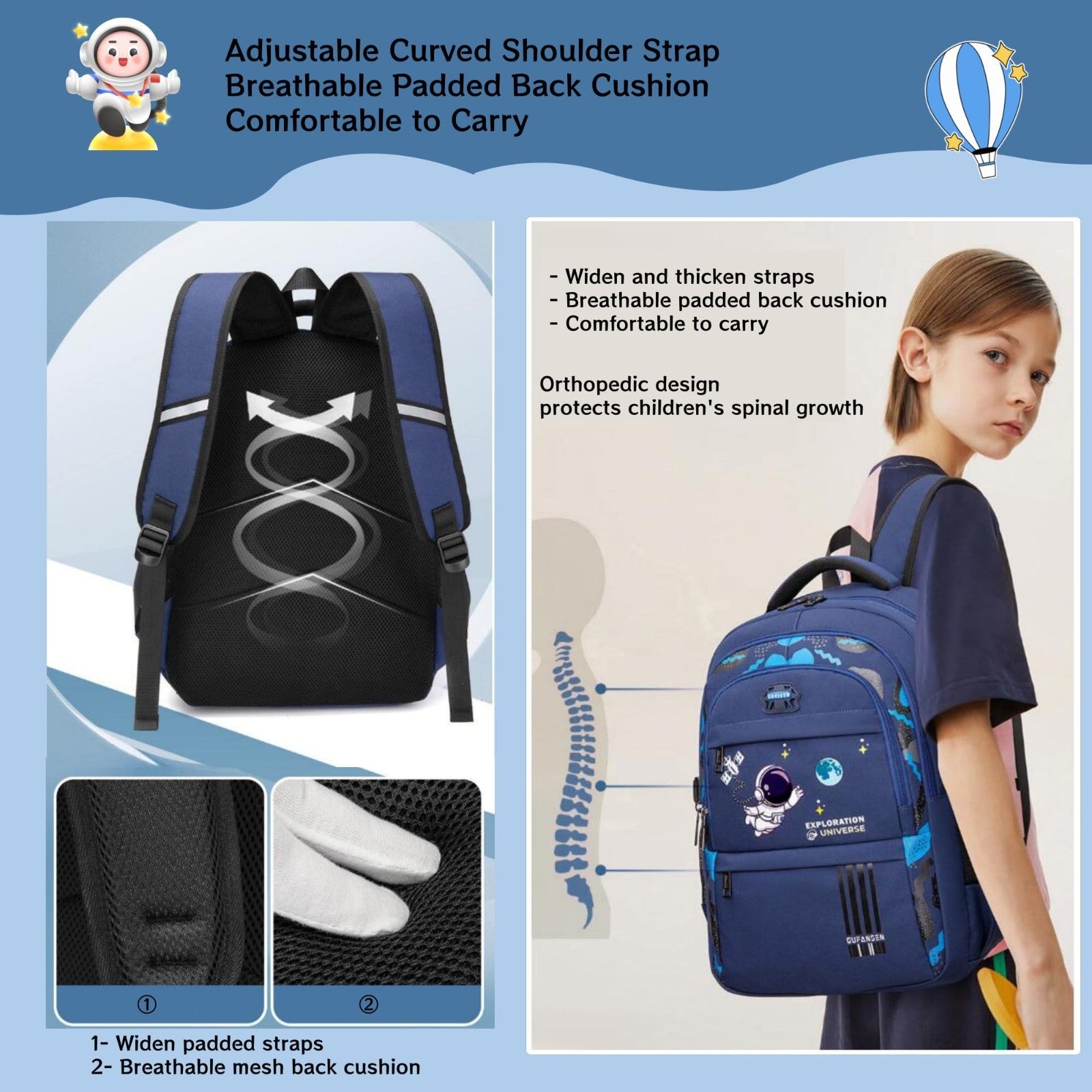 3pcs Boys Backpack Set with Lunch Box   Lightweight Astronaut School Bags for Ki5