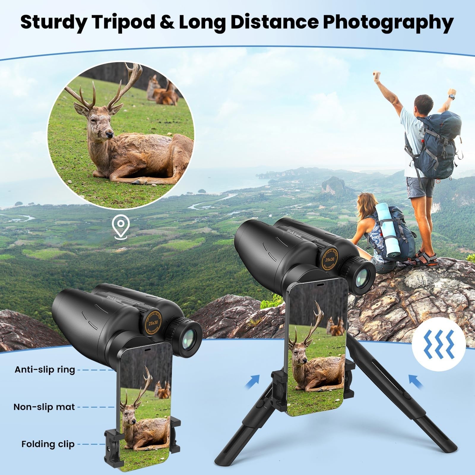 25x30 Waterproof Binoculars with Phone Adapter & Tripod for Bird Watching, Hikin5