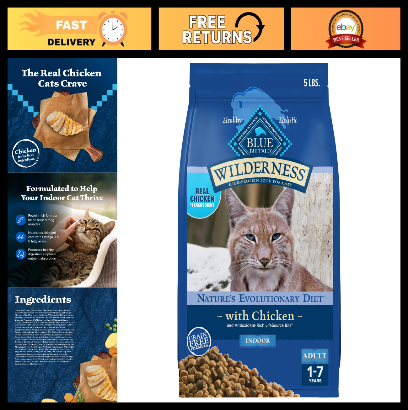 Grain Free Indoor Dry Cat Food with Chicken, 5 lb   High Protein, Natural Nutrit0