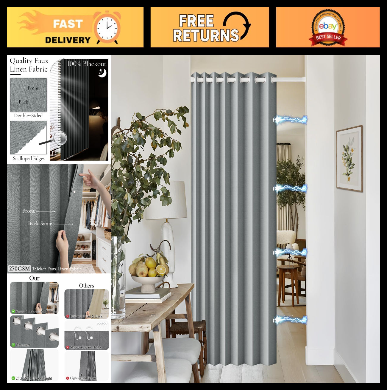 Full Blackout Pleated Folding Door Curtains   Accordion Style, Grey, W52 x L720