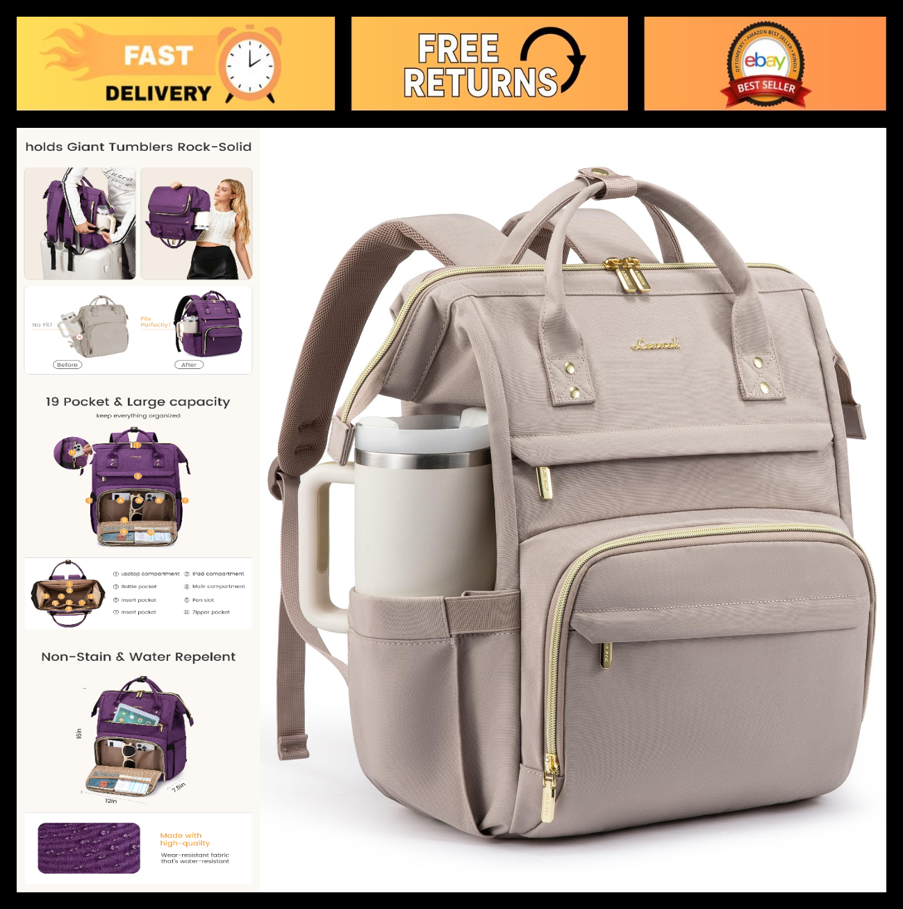 Stylish 15.6" Waterproof Laptop Backpack with Tumbler Holder, Travel Purse, Gray0