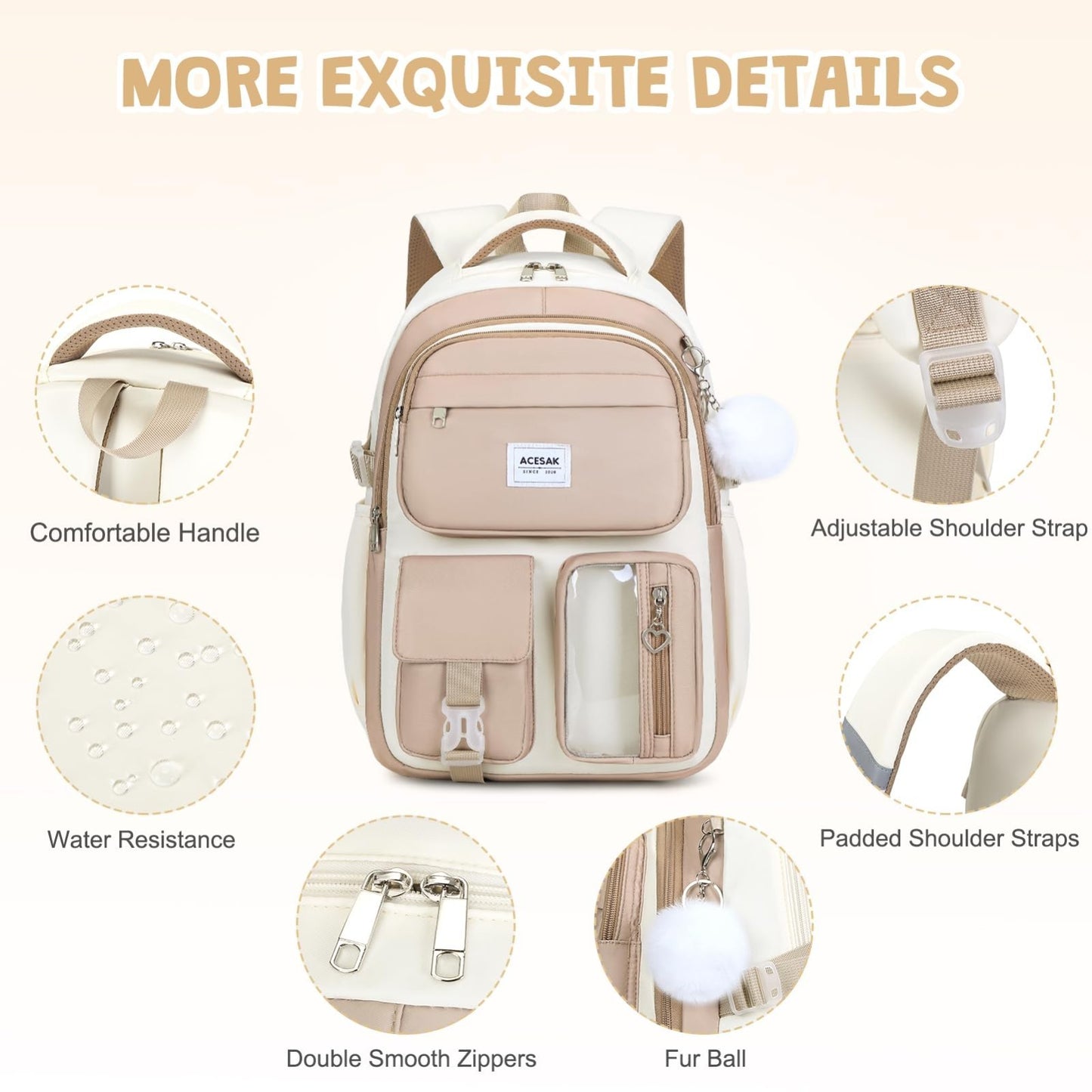 Stylish Girls Backpack with Lunch Bag & Pencil Pouch   Teen Laptop Bookbag, Khak4