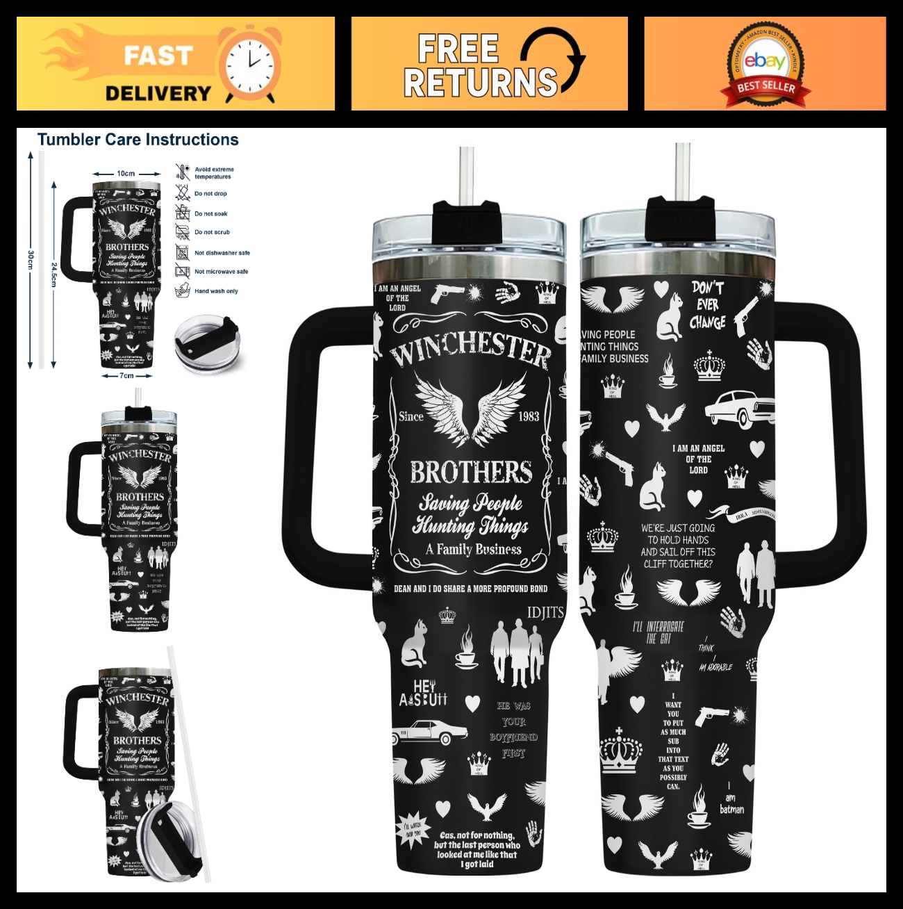 40oz Insulated Tumbler with Handle & Straw   Vintage Car Wings Coffee Cup Gift0