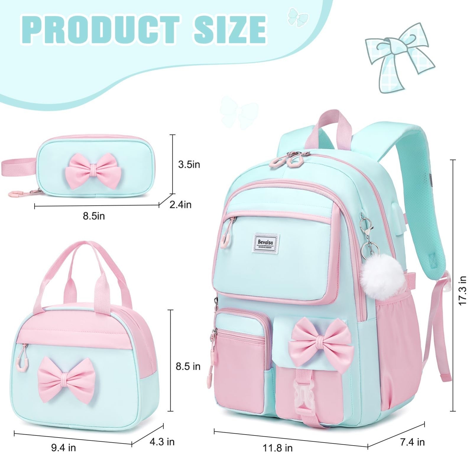 Cute Bow Backpack for Girls   School Bag Set with Lunch Bag & Pen Case2
