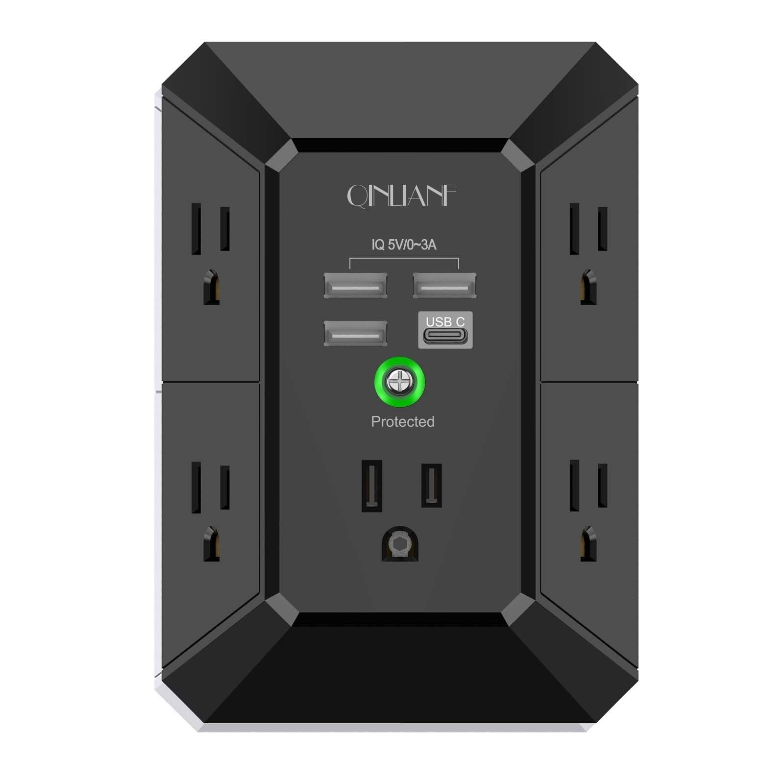 5 Outlet USB Wall Charger Surge Protector Power Strip 4.8A 3 Sided Multi Plug Ad1